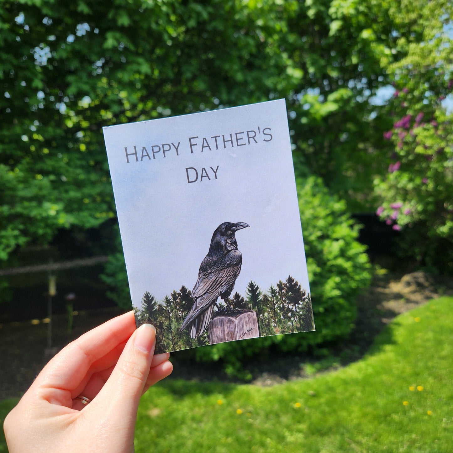 Happy Father's day raven card, Crow gothic card for dad, Bird greeting card for dad, For husband, For grandpa, Nature pine tree outdoor card