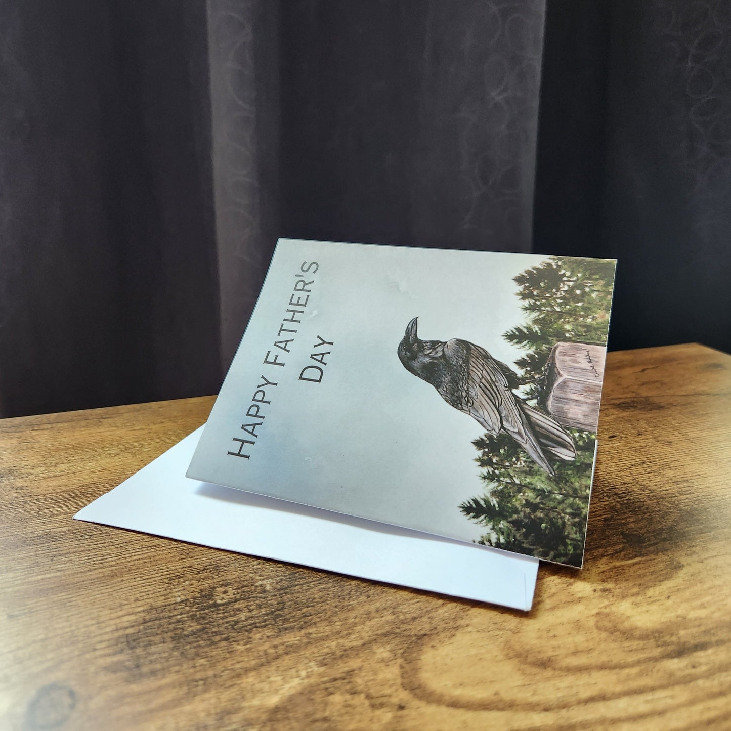 Happy Father's day raven card, Crow gothic card for dad, Bird greeting card for dad, For husband, For grandpa, Nature pine tree outdoor card