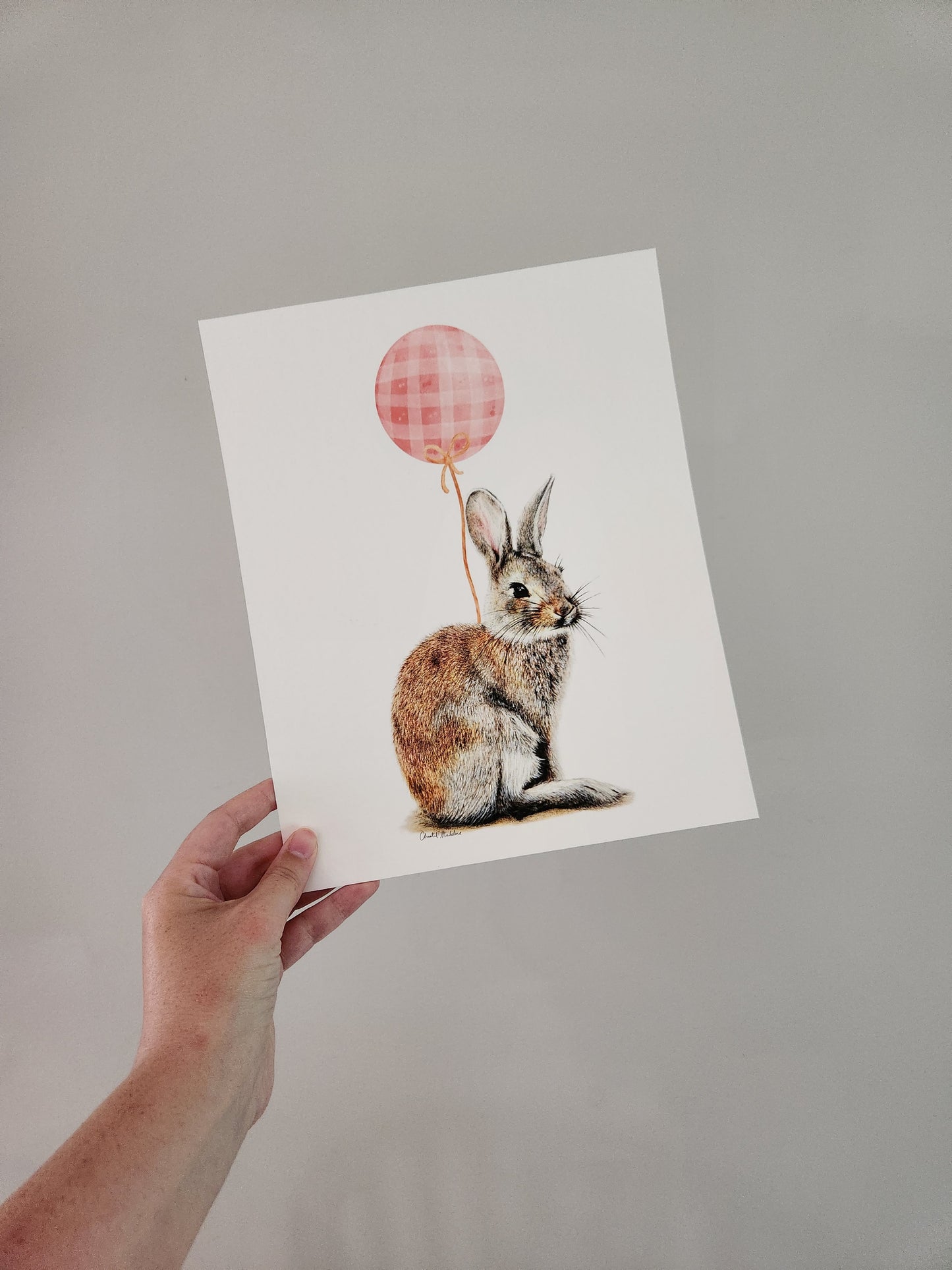 Bunny With Pink Balloon, Woodland nursery art, Giclee print on fine art paper