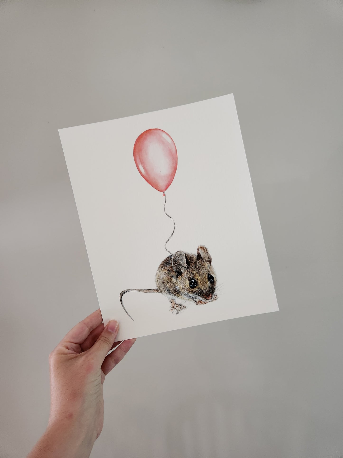 Mouse with Pink Balloon, Woodland nursery art, Art print on cardstock