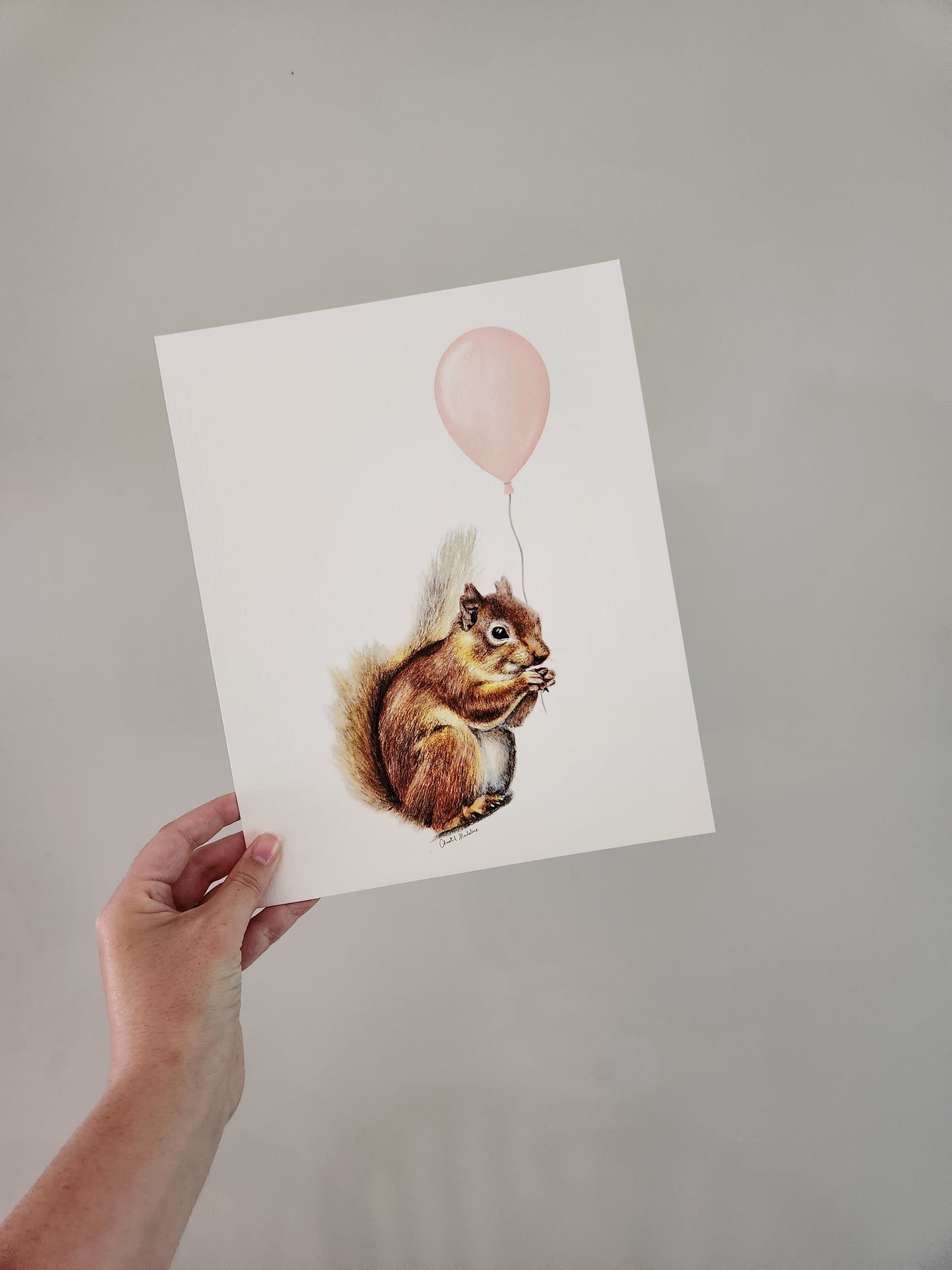 Squirrel With Coral Balloon, Woodland nursery art, Giclee print on fine art paper