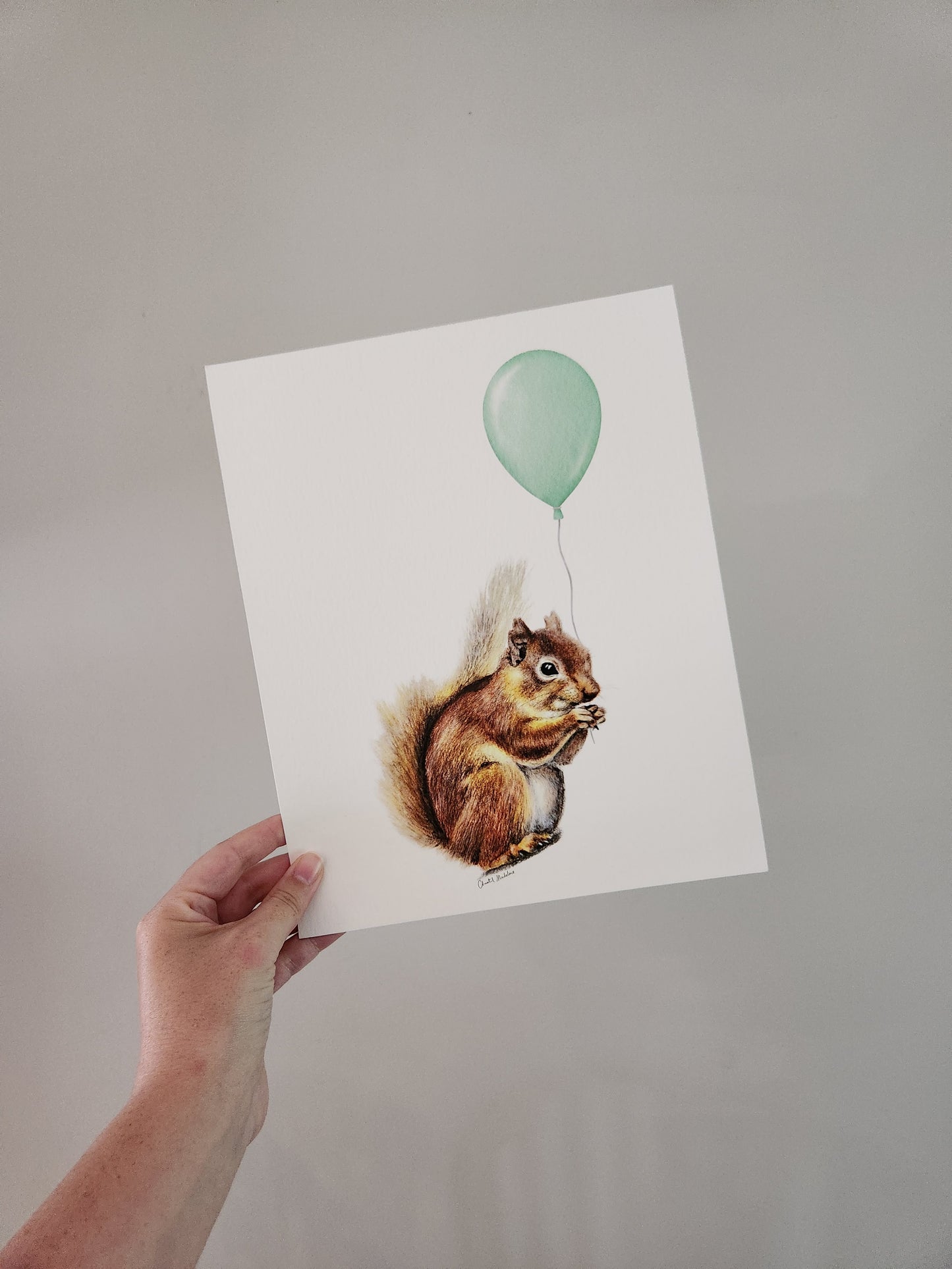 Squirrel With Green Balloon, Woodland nursery art, Art print on cardstock