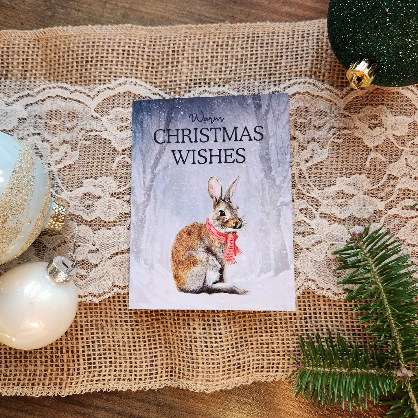Warm Christmas wishes, Woodland bunny holiday card, Wildlife lover greeting card, Rabbit art, Cute animal card for mom, dad, teacher, friend