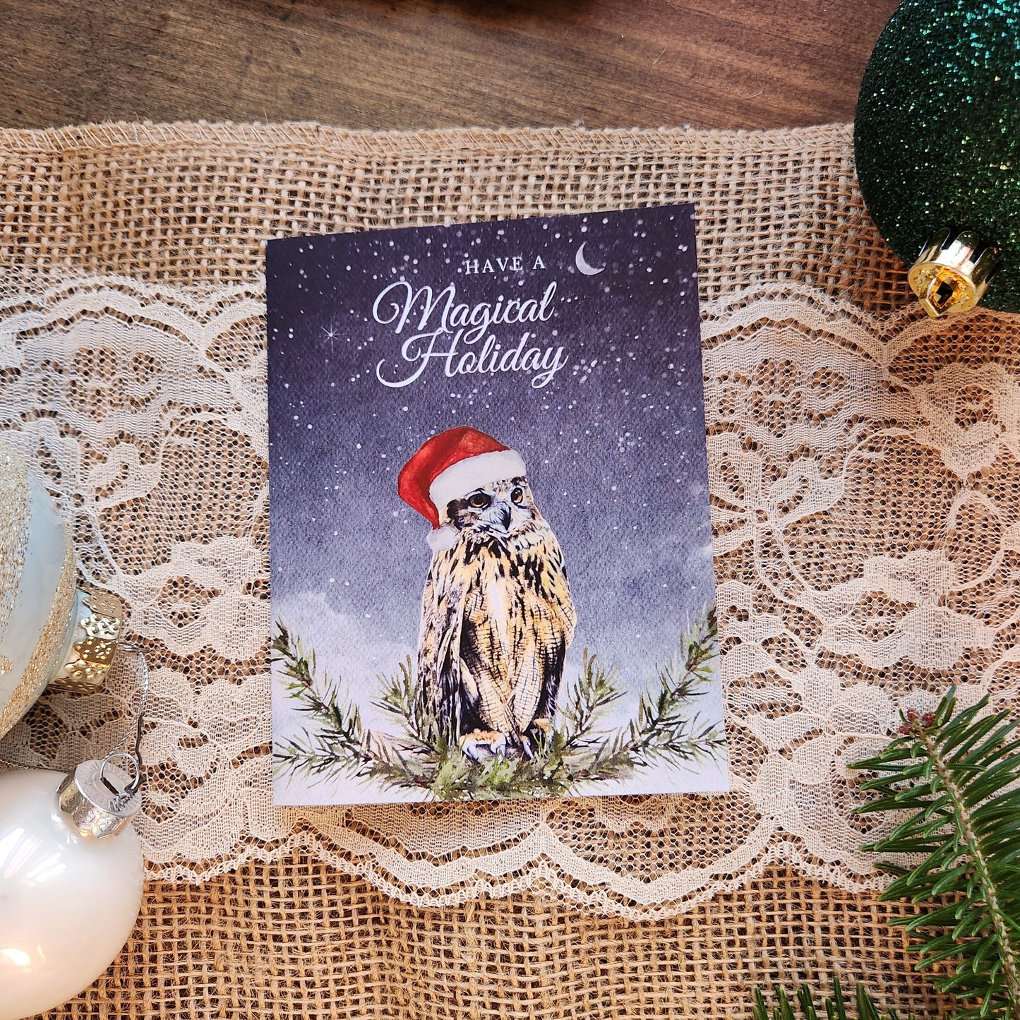Have a magical holiday, Cute woodland owl Christmas card, Forest animal greeting, Witchy owl xmas, Stationary note card, Bird lover holiday