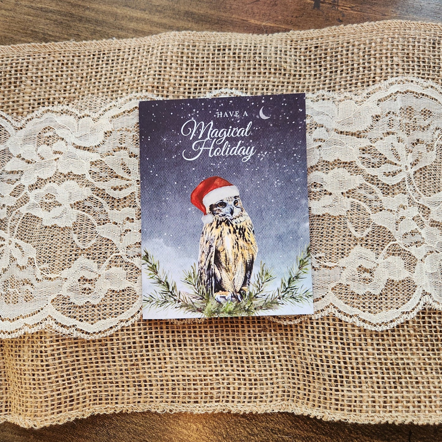 Have a magical holiday, Cute woodland owl Christmas card, Forest animal greeting, Witchy owl xmas, Stationary note card, Bird lover holiday