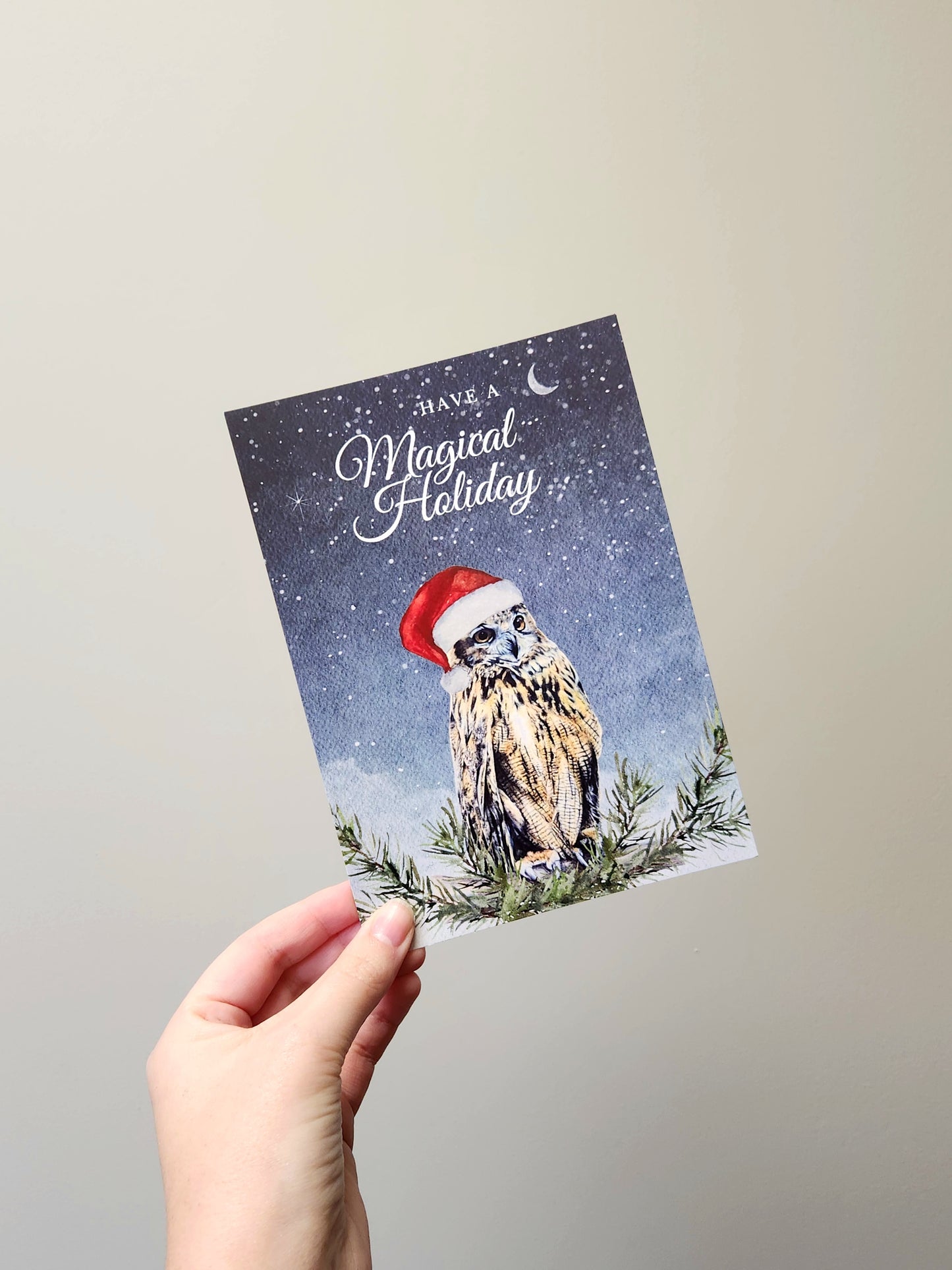 Have a Magical Holiday, Whimsical Owl Art, Art print on cardstock