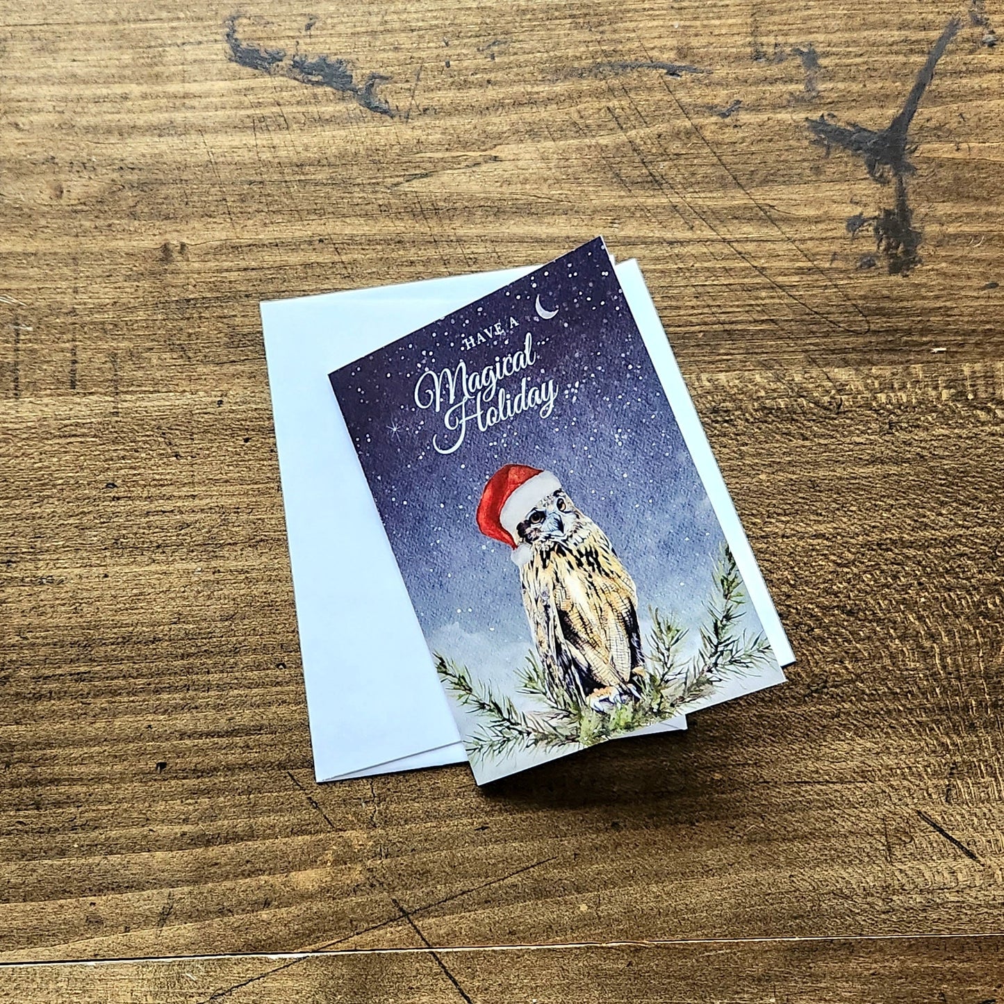 Have a magical holiday, Cute woodland owl Christmas card, Forest animal greeting, Witchy owl xmas, Stationary note card, Bird lover holiday