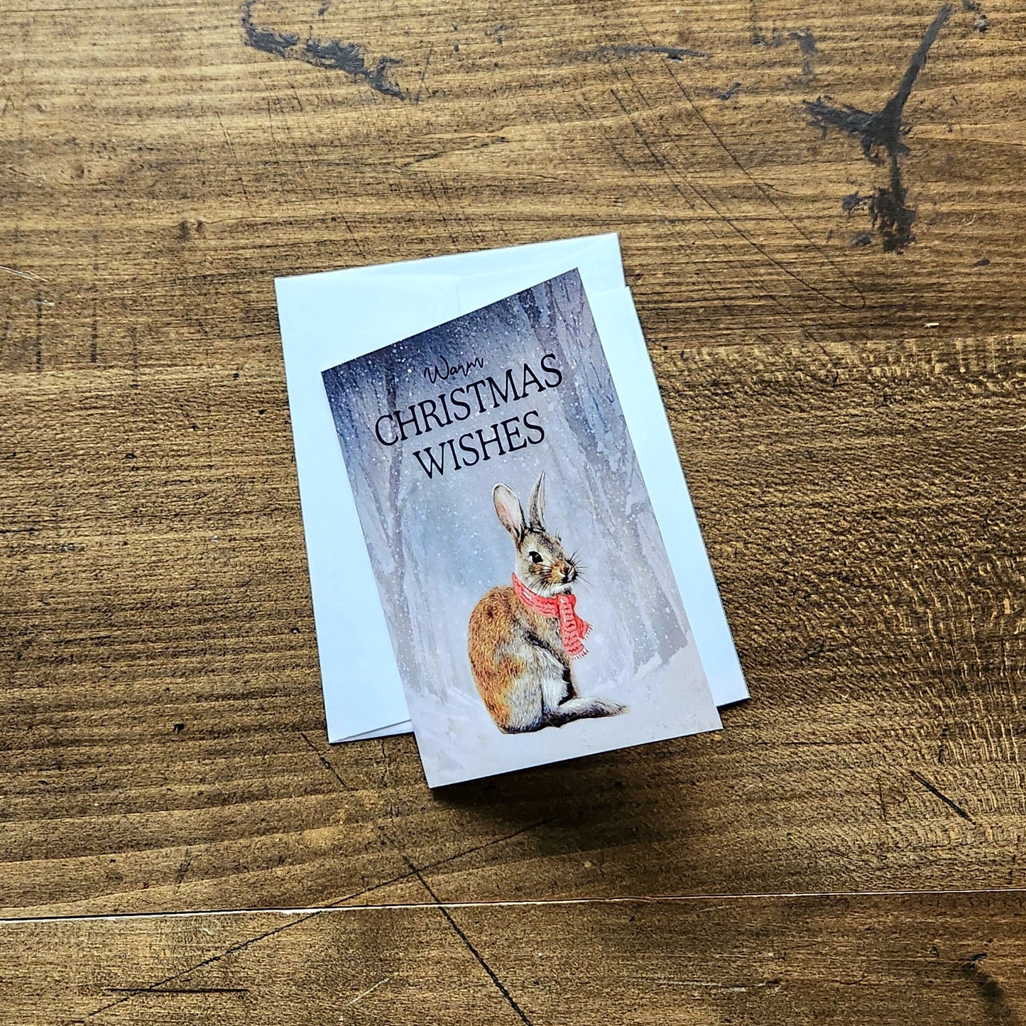 Warm Christmas wishes, Woodland bunny holiday card, Wildlife lover greeting card, Rabbit art, Cute animal card for mom, dad, teacher, friend