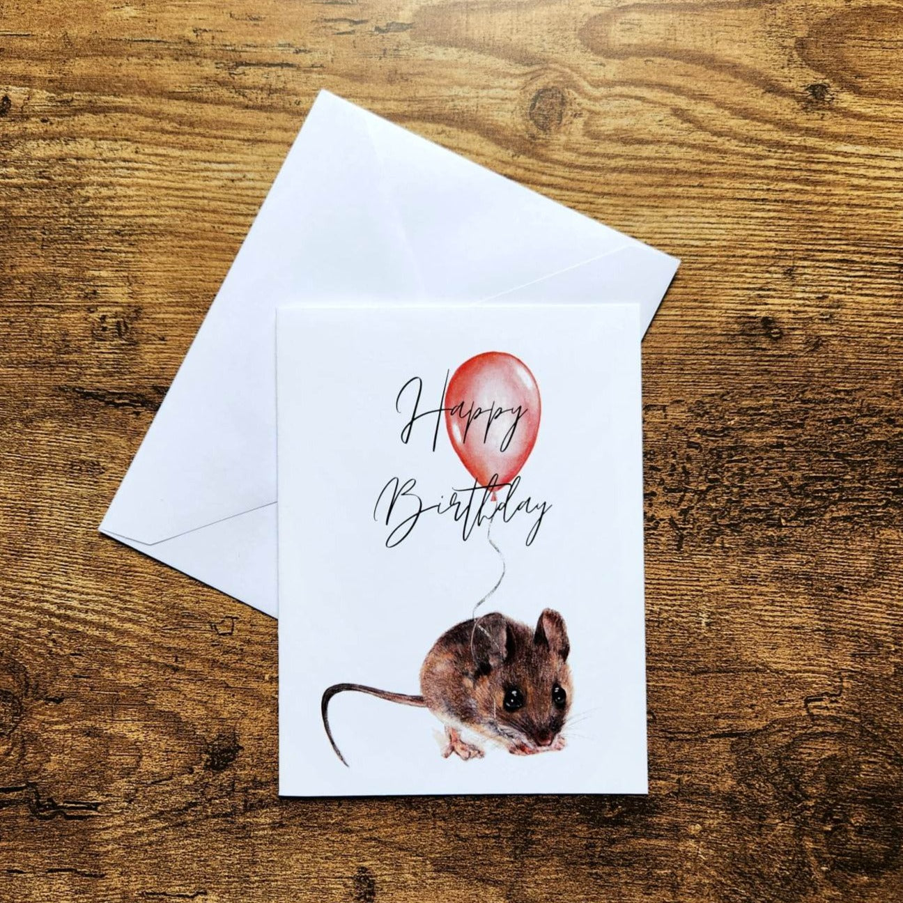 Birthday mouse card, Happy birthday card, Cute woodland animal card, First birthday party card for kids, Mouse with ballon card for child