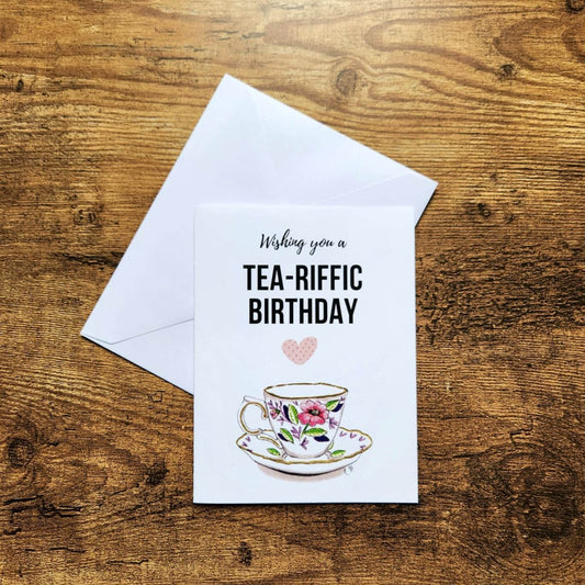 Wishing you a tea-riffic birthday card, Cute birthday card for tea lovers, Tea cup birthday card for her, Mom, Friend, Partner, Tea drinker