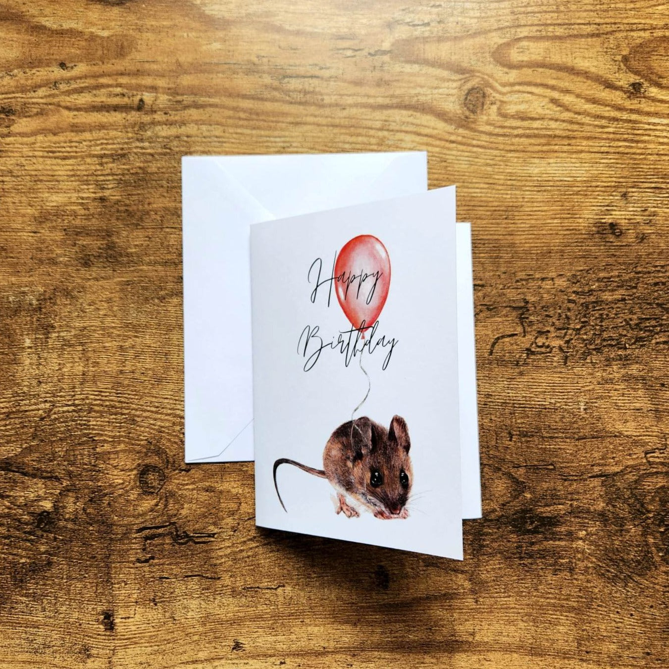 Birthday mouse card, Happy birthday card, Cute woodland animal card, First birthday party card for kids, Mouse with ballon card for child