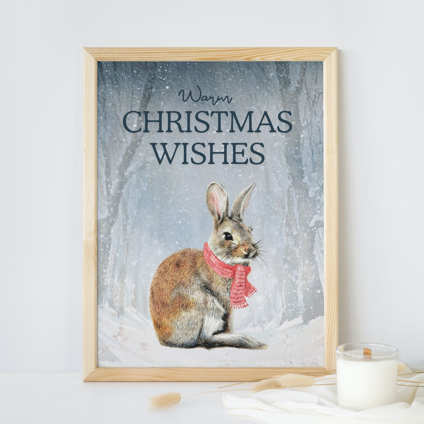 Warm Christmas wishes, Whimsical Bunny Art, Art print on cardstock