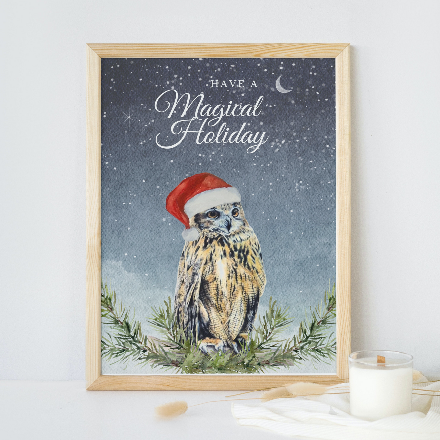 Have a Magical Holiday, Whimsical Owl Art, Art print on cardstock