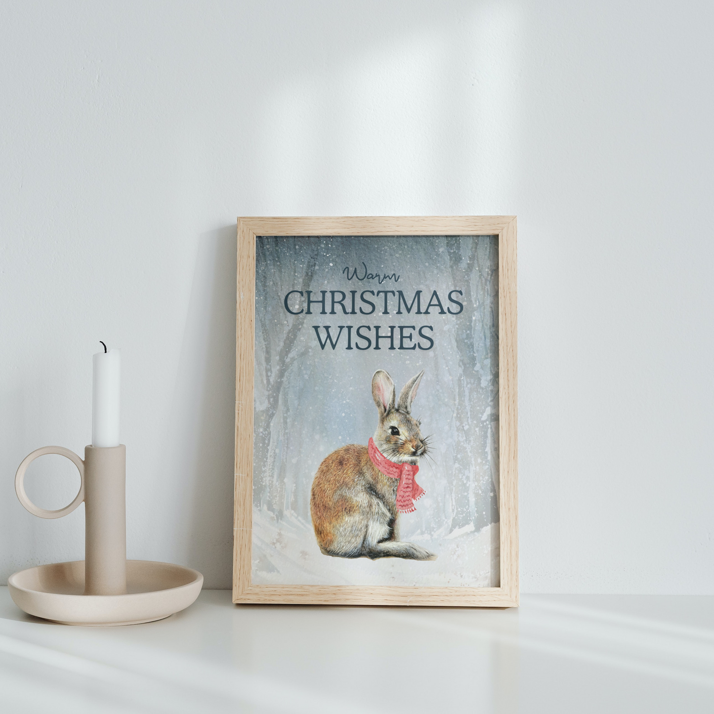 Warm Christmas wishes, Whimsical Bunny Art, Art print on cardstock