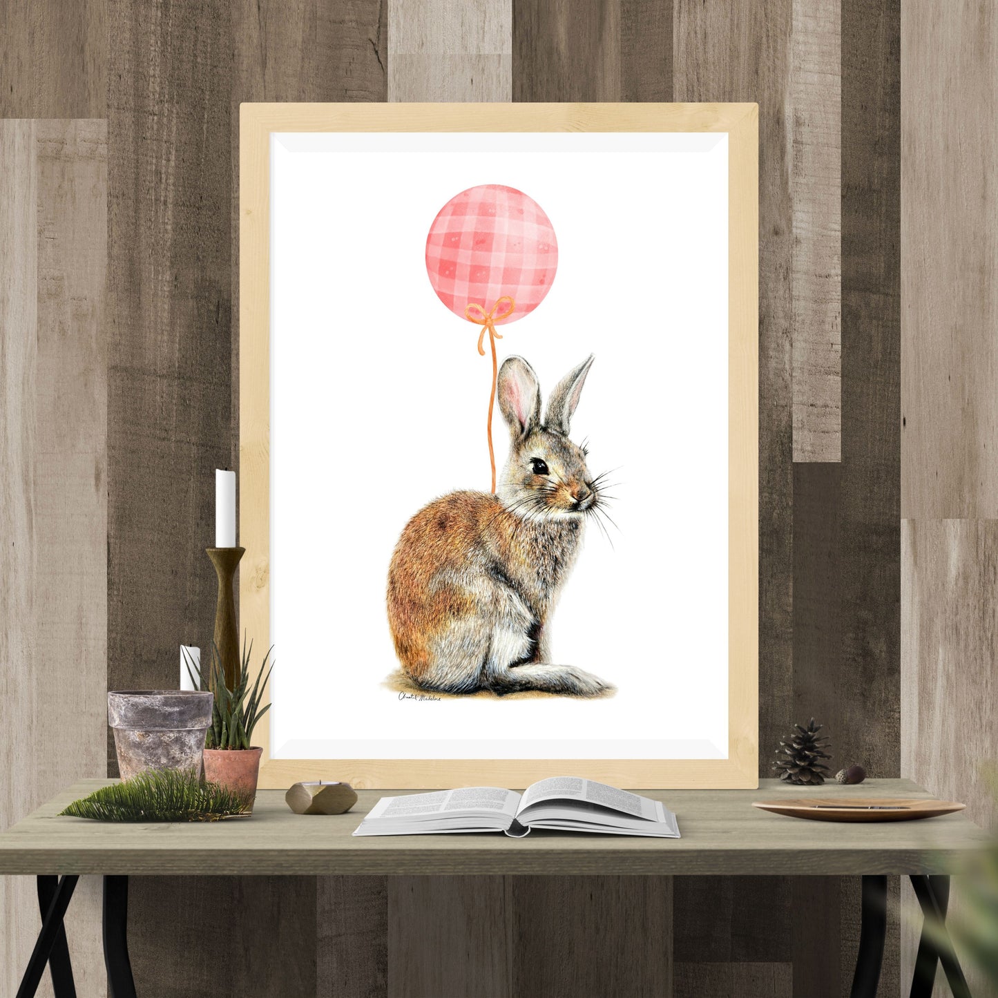 Bunny With Pink Balloon, Woodland nursery art, Giclee print on fine art paper