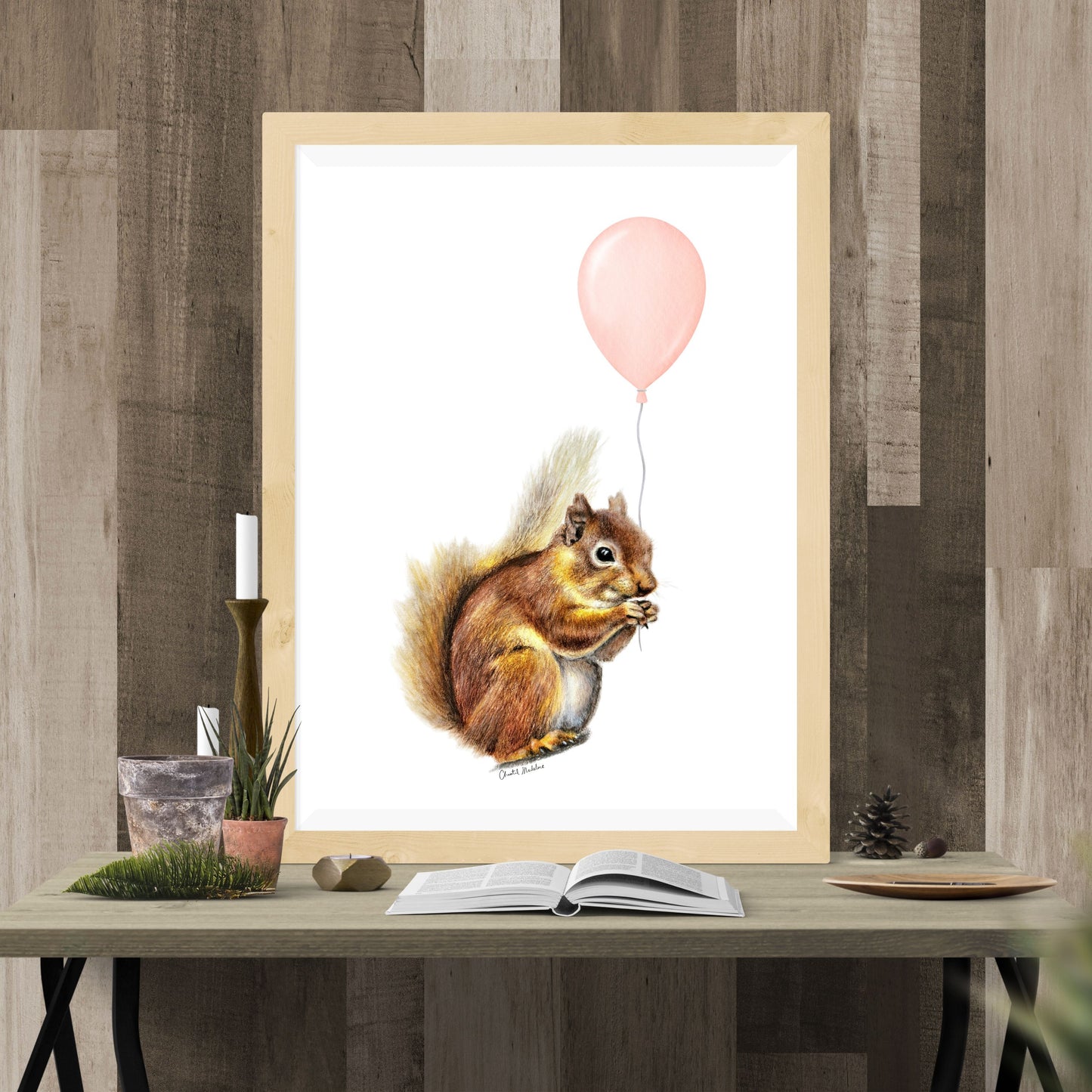 Squirrel With Coral Balloon, Woodland nursery art, Giclee print on fine art paper