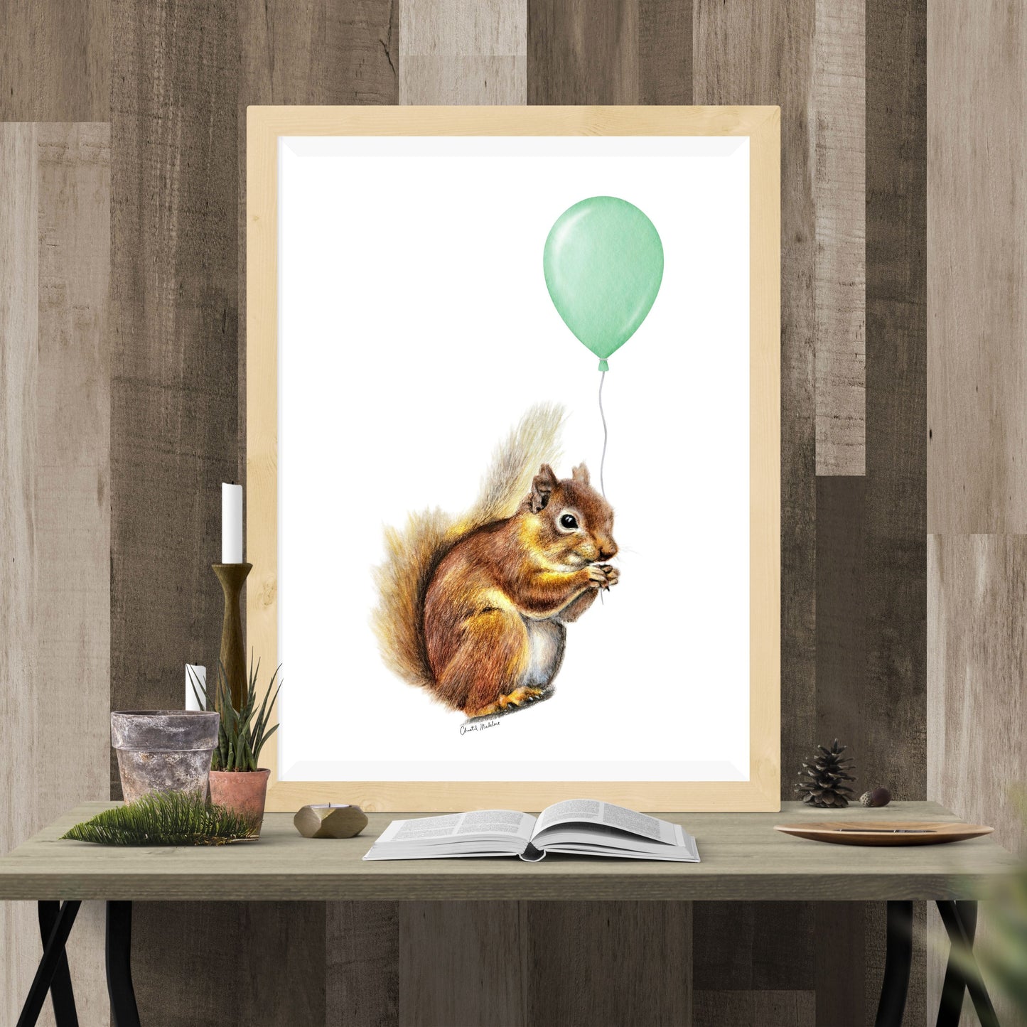 Squirrel With Green Balloon, Woodland nursery art, Art print on cardstock