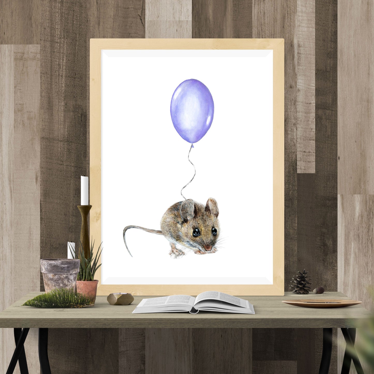 Mouse With Purple Balloon, Woodland nursery art, Giclee print on fine art paper