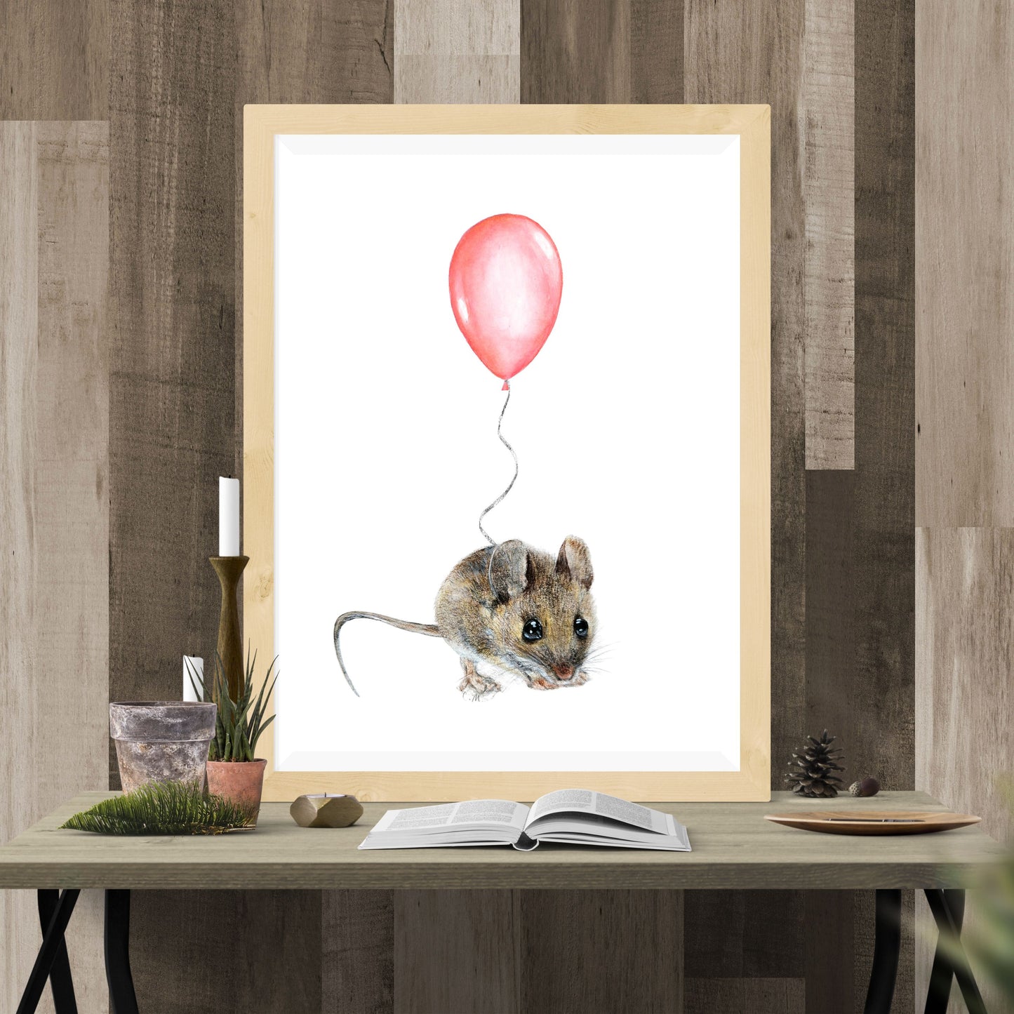 Mouse with Pink Balloon, Woodland nursery art, Art print on cardstock