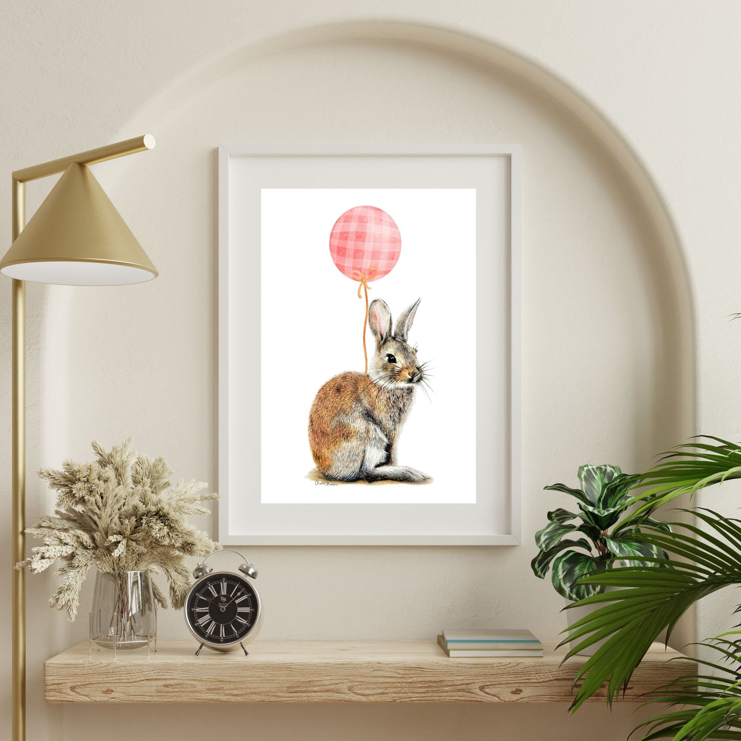 Bunny With Pink Balloon, Woodland nursery art, Giclee print on fine art paper