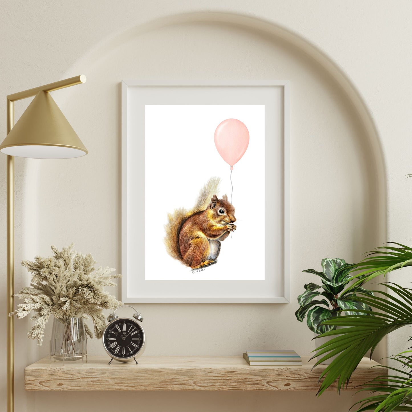 Squirrel With Coral Balloon, Woodland nursery art, Giclee print on fine art paper