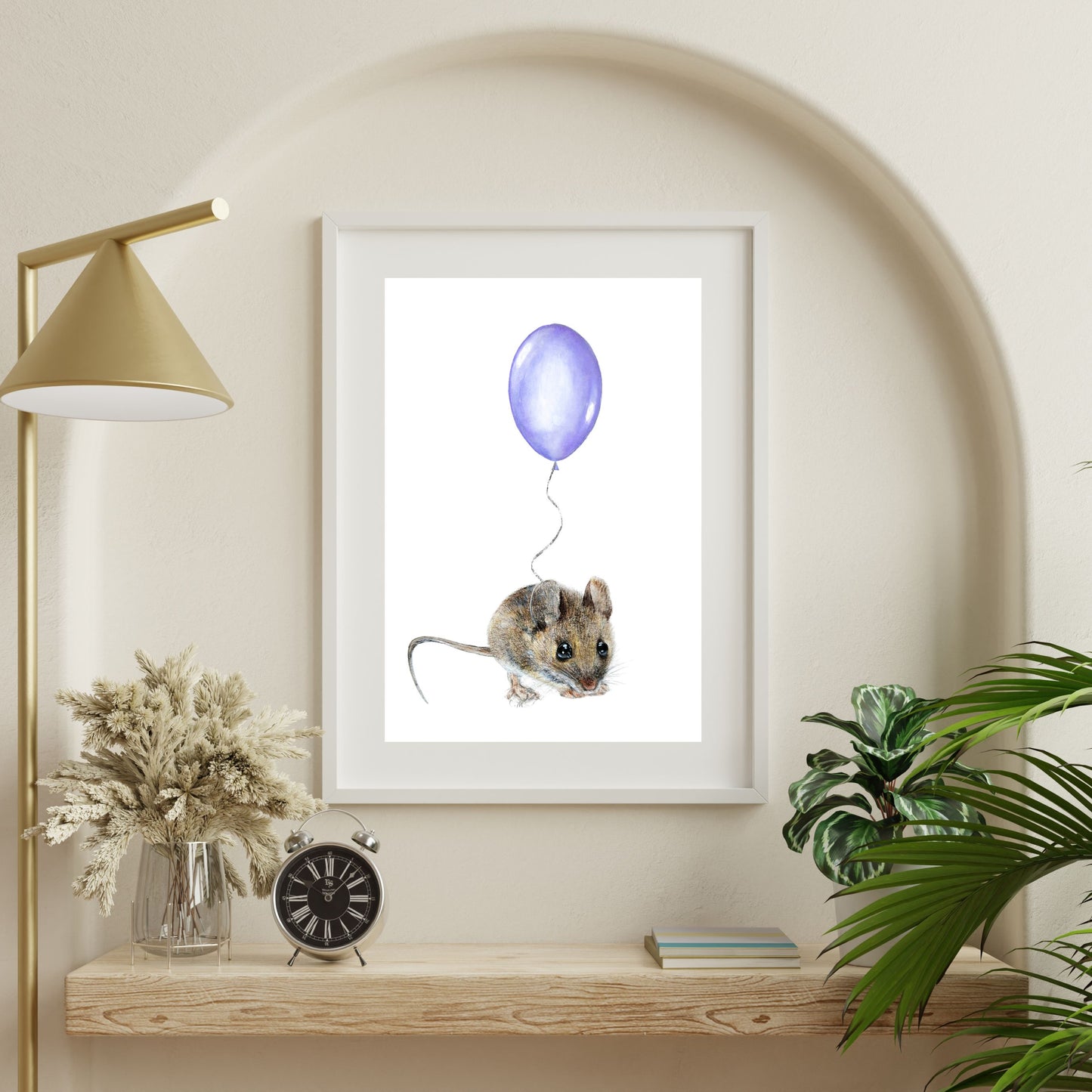 Mouse With Purple Balloon, Woodland nursery art, Giclee print on fine art paper