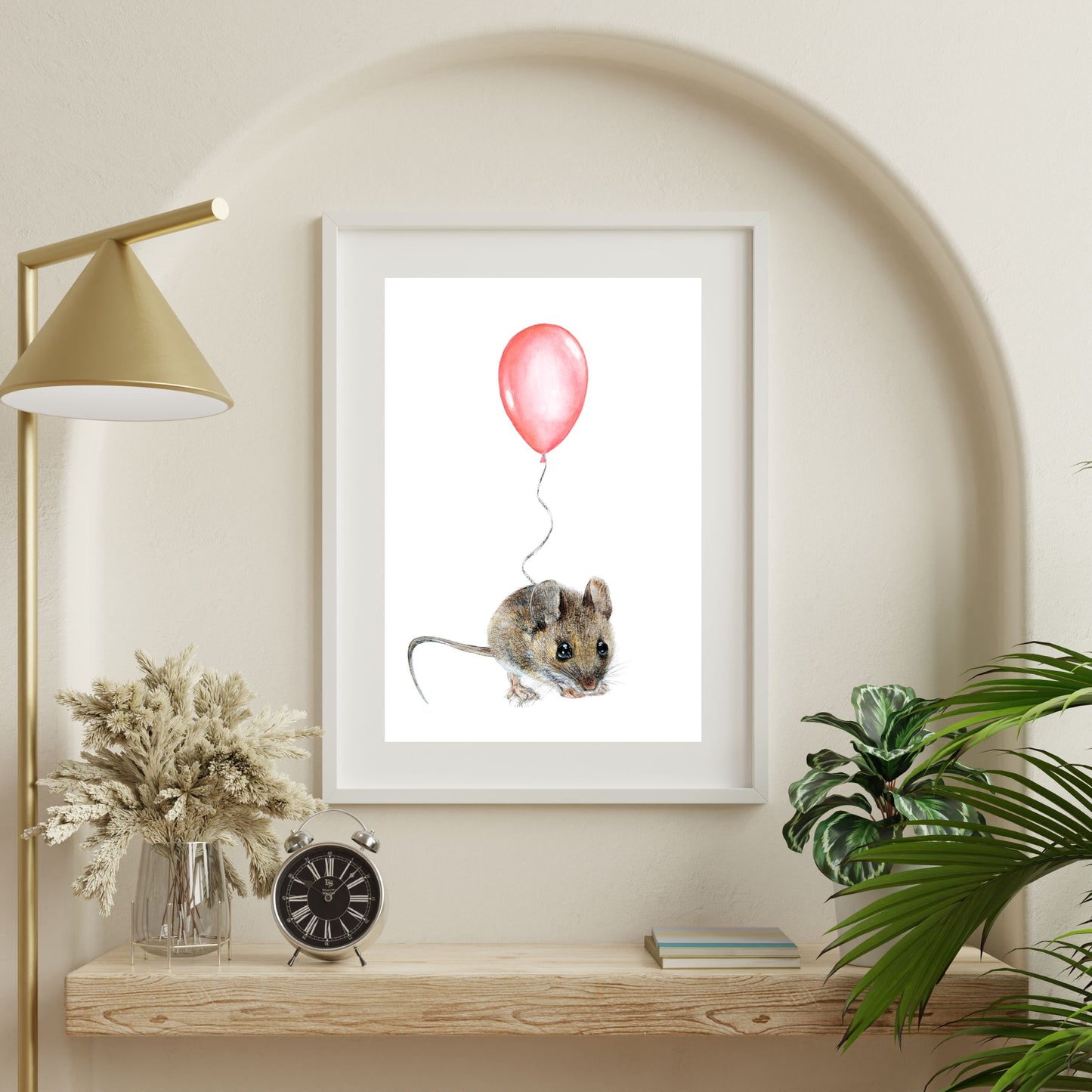 Mouse with Pink Balloon, Woodland nursery art, Art print on cardstock