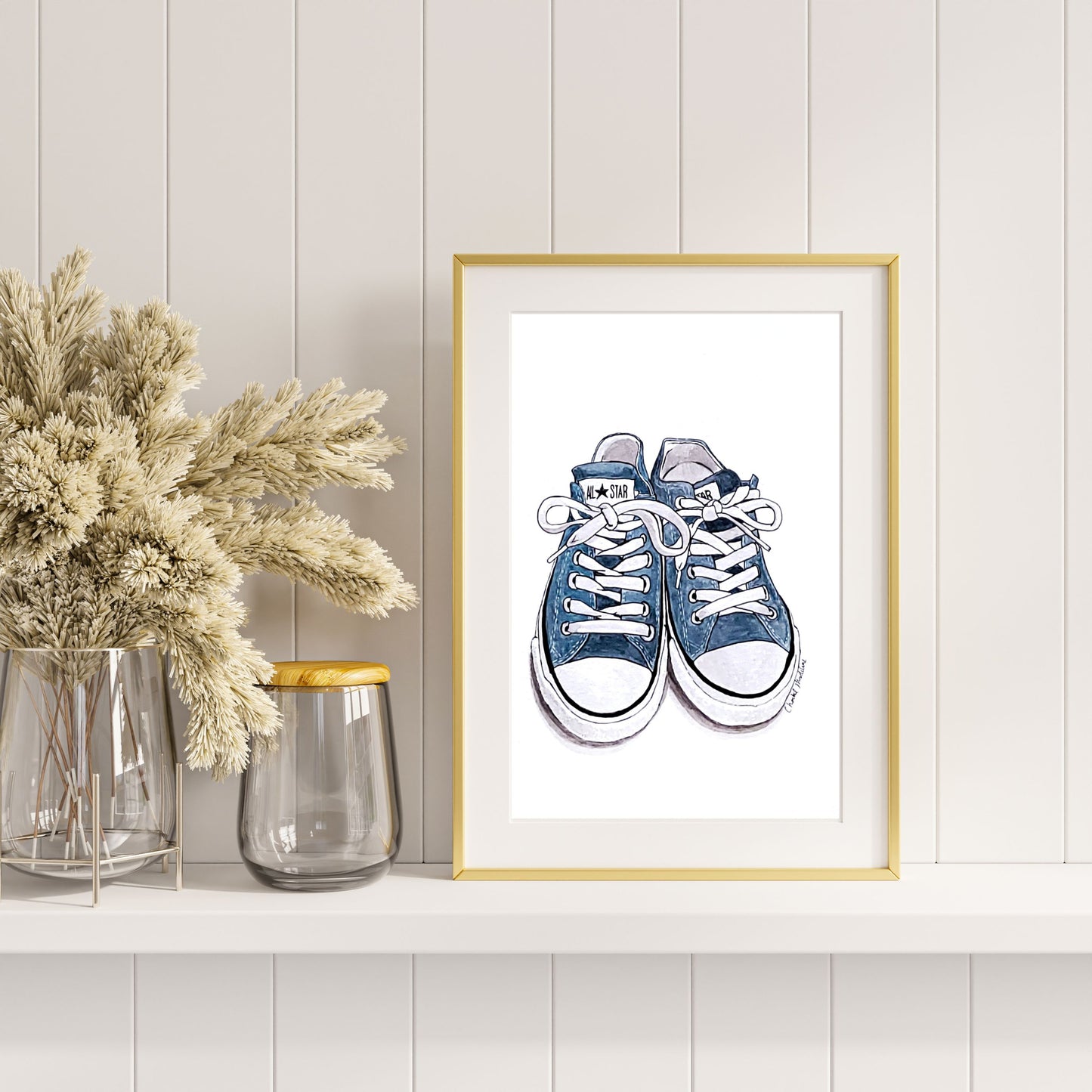 Blue all star converse shoes, Shoe lover art, Giclee print on fine art paper