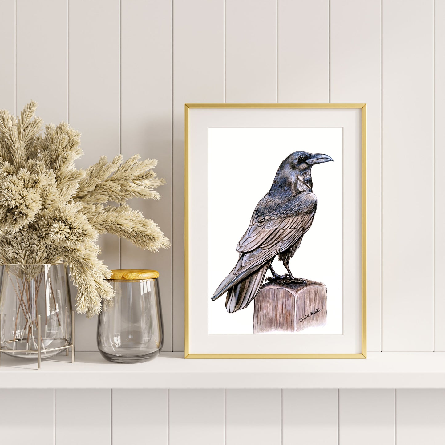 Raven art print, Ink drawing wall art, Raven poster, Gothic decor, Black bird print, Crow art print, Woodland home decor, Living room art