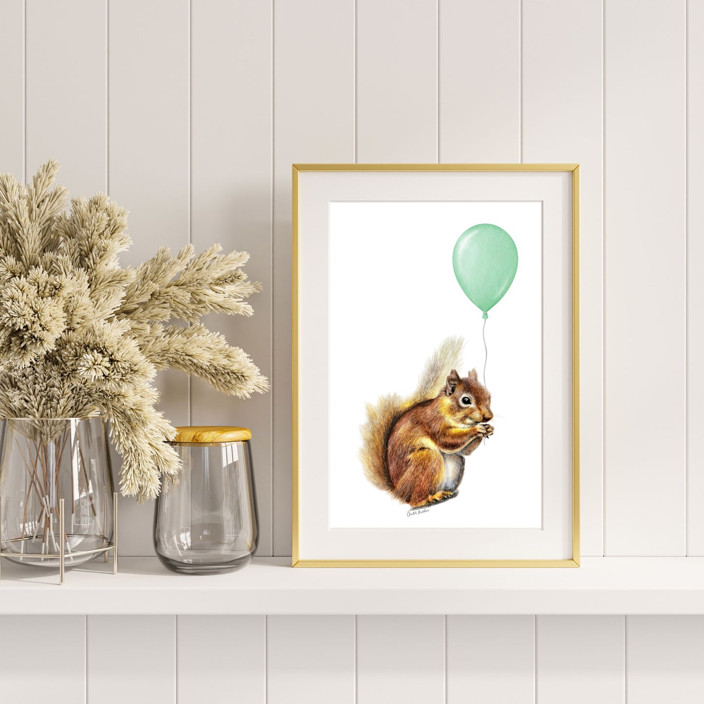 Squirrel With Green Balloon, Woodland nursery art, Giclee print on fine art paper