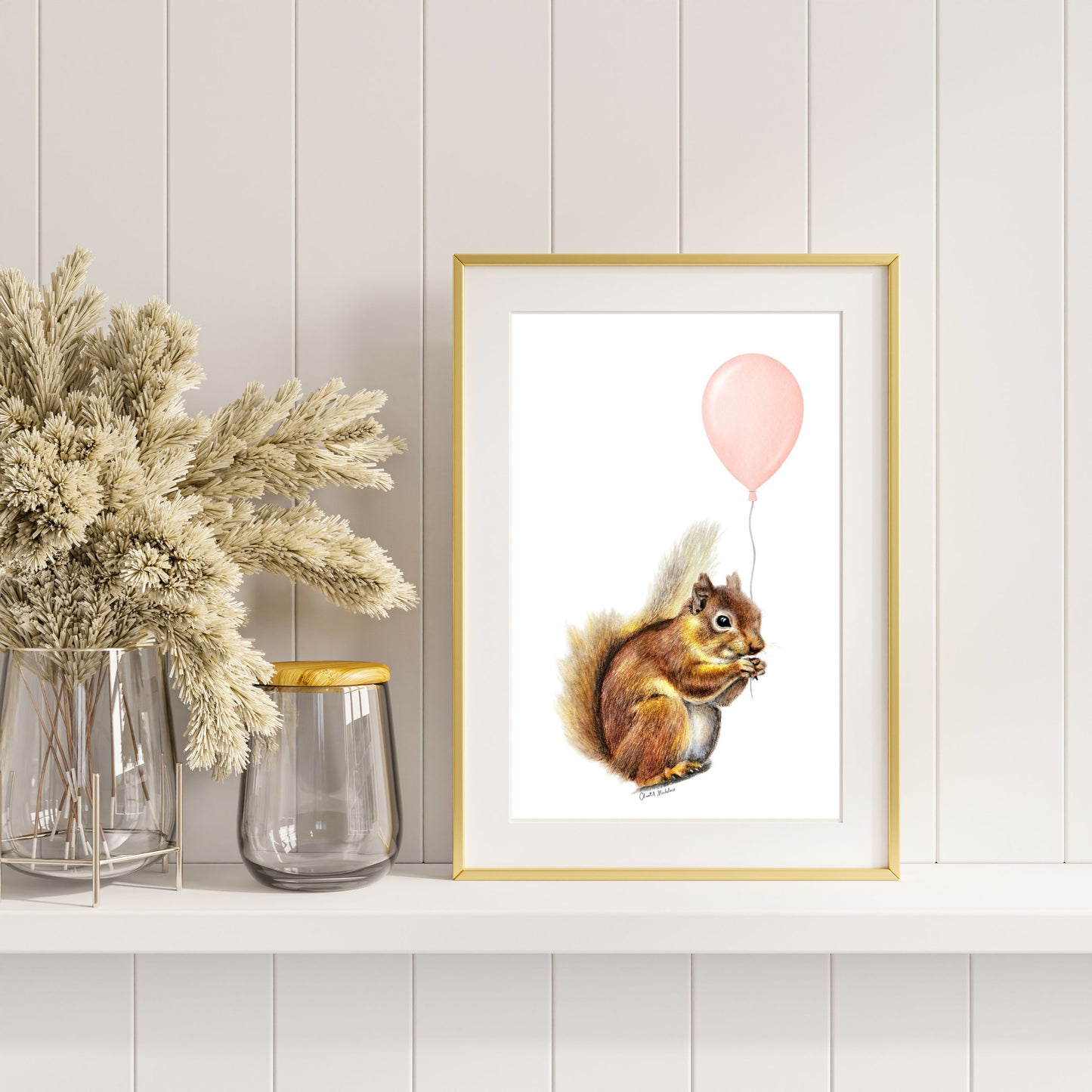 Squirrel With Coral Balloon, Woodland nursery art, Giclee print on fine art paper