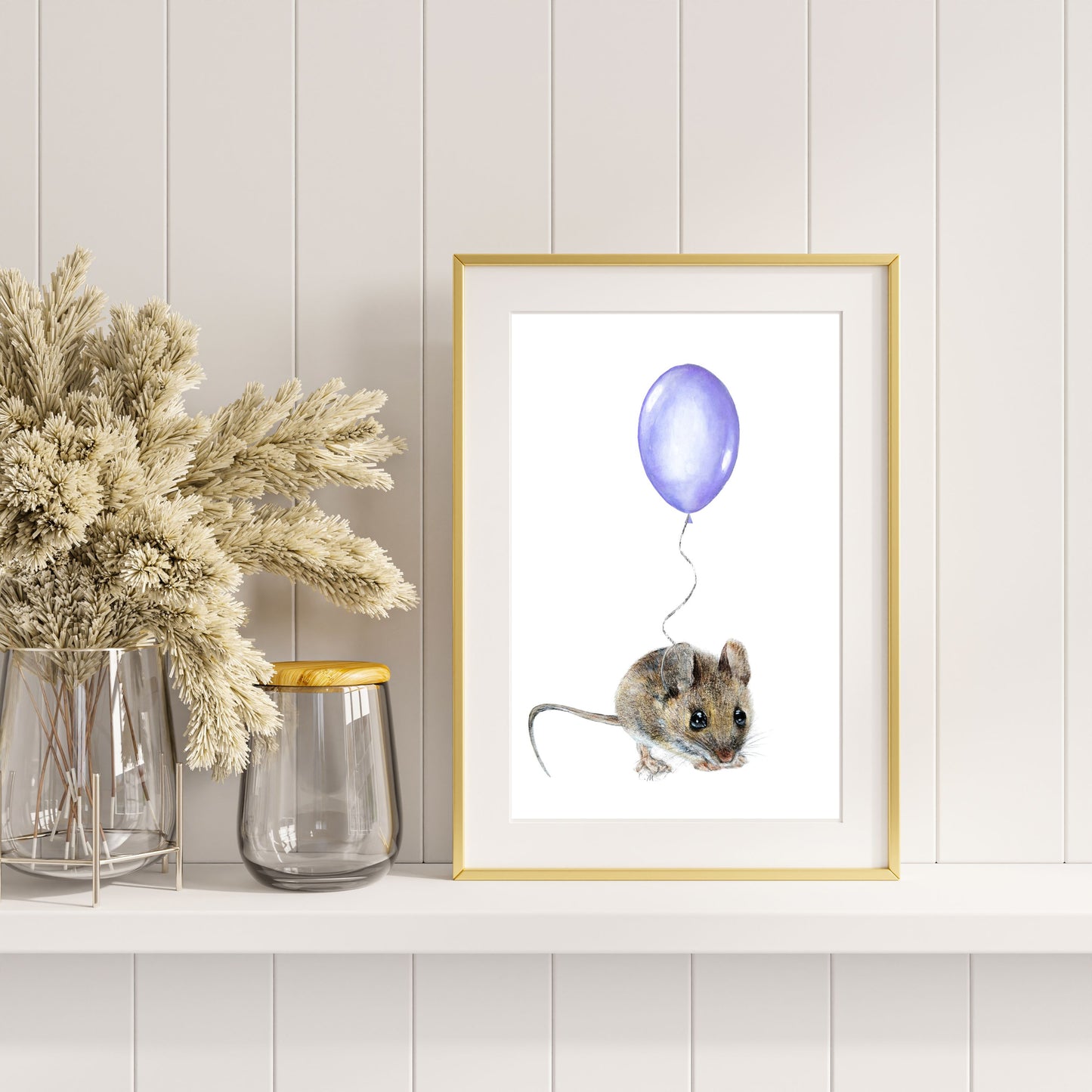 Mouse With Purple Balloon, Woodland nursery art, Giclee print on fine art paper
