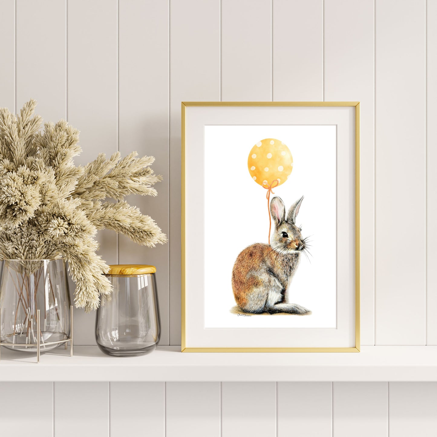 Bunny With Yellow Balloon, Woodland nursery art, Giclee print on fine art paper