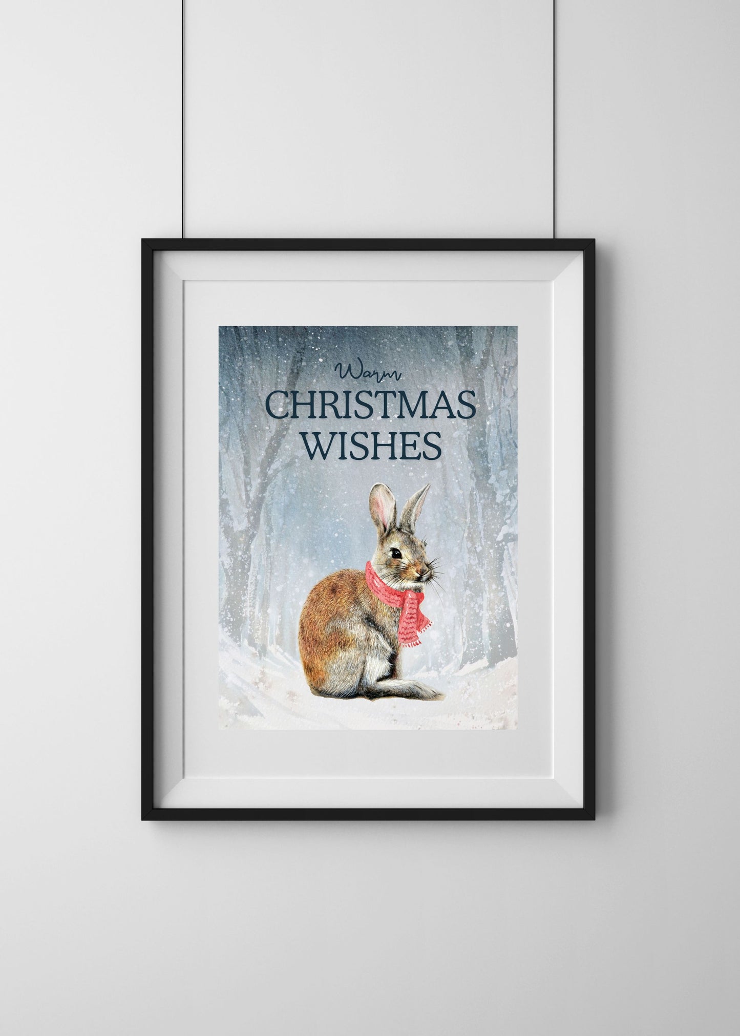 Warm Christmas wishes, Whimsical Bunny Art, Art print on cardstock