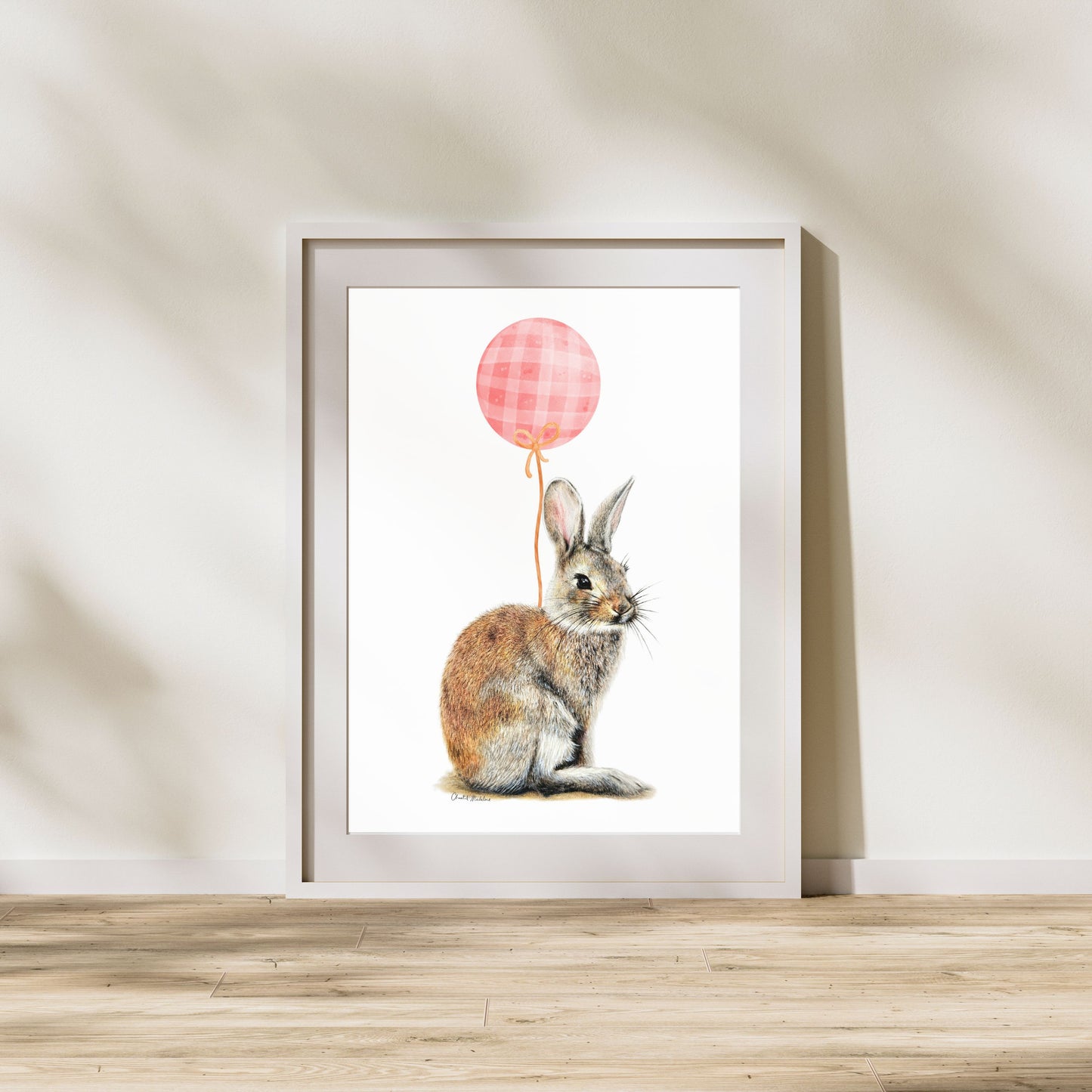 Bunny With Pink Balloon, Woodland nursery art, Giclee print on fine art paper