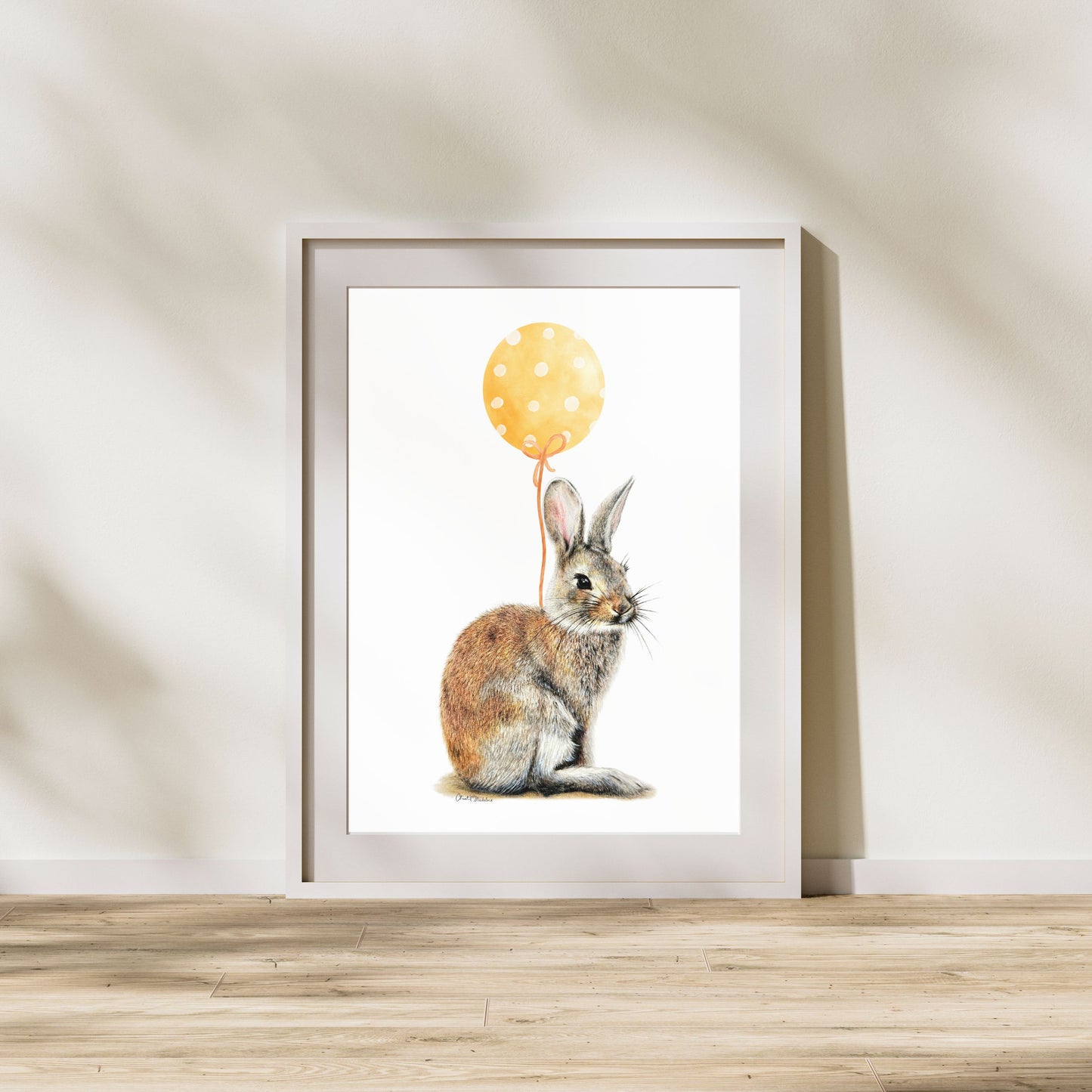 Bunny With Yellow Balloon, Woodland nursery art, Giclee print on fine art paper