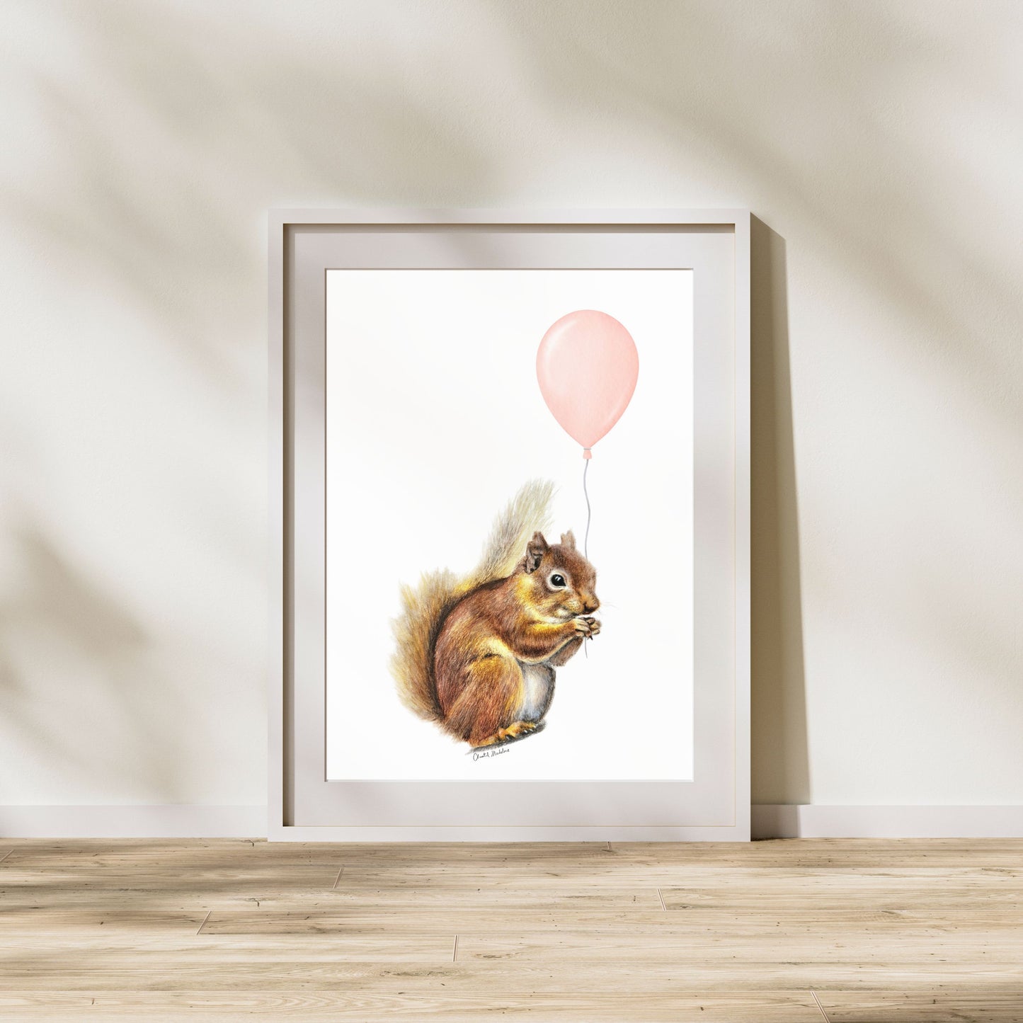Squirrel With Coral Balloon, Woodland nursery art, Giclee print on fine art paper