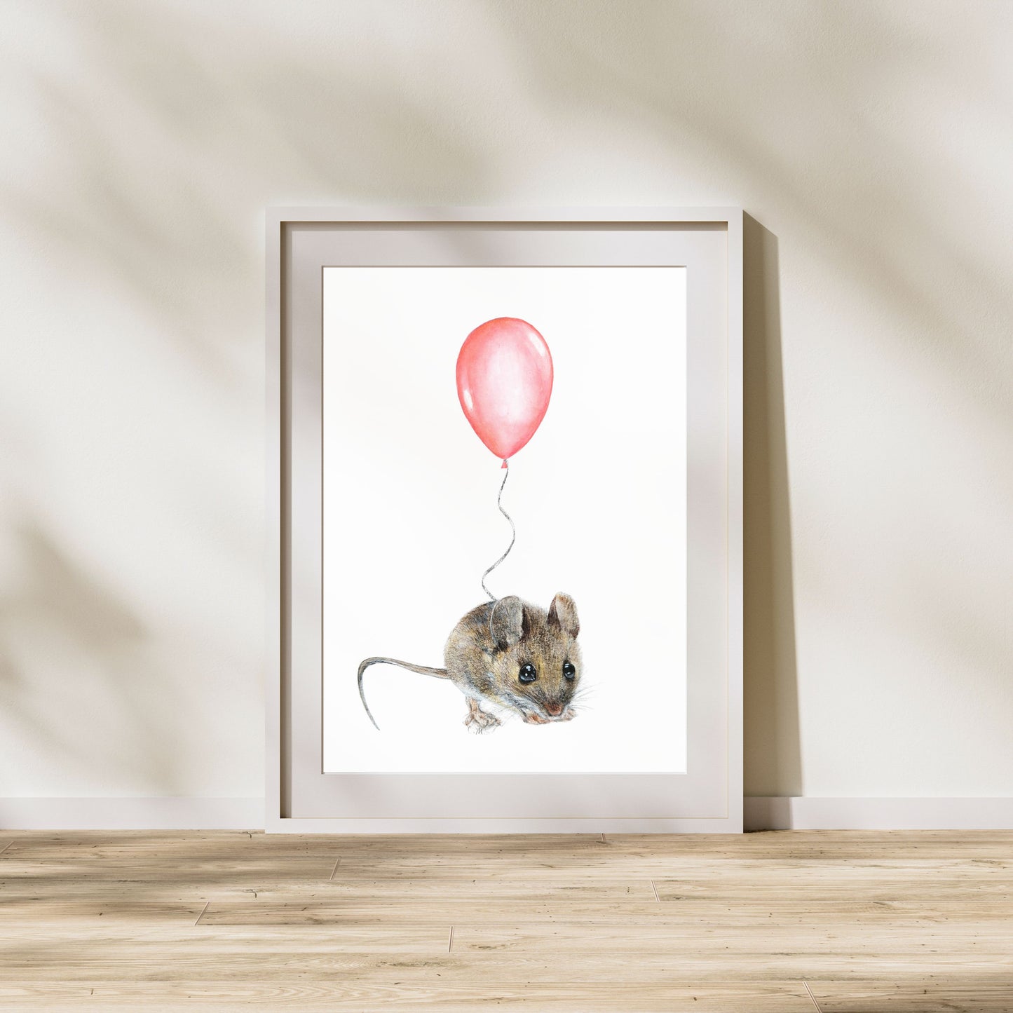 Mouse with Pink Balloon, Woodland nursery art, Art print on cardstock
