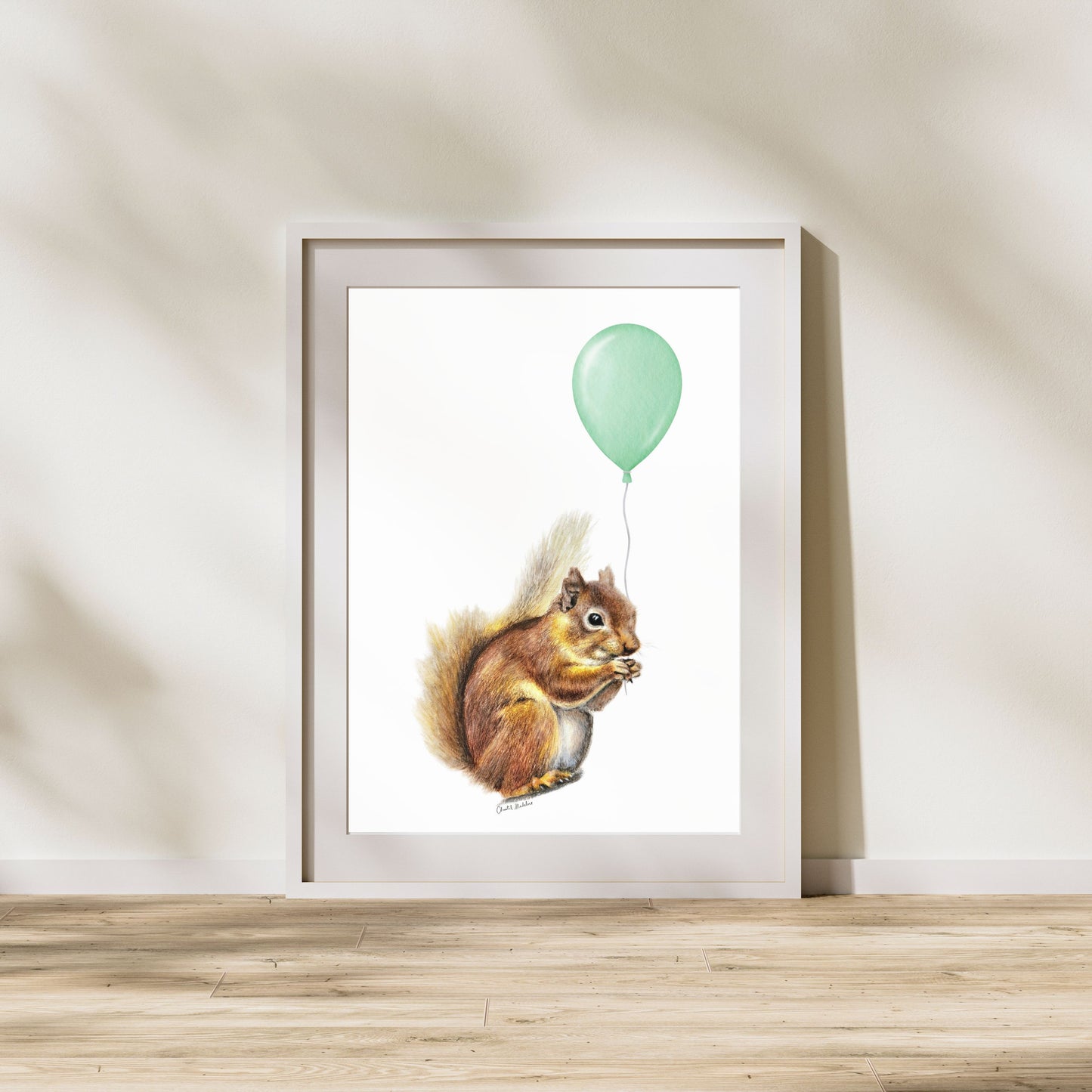 Squirrel With Green Balloon, Woodland nursery art, Art print on cardstock