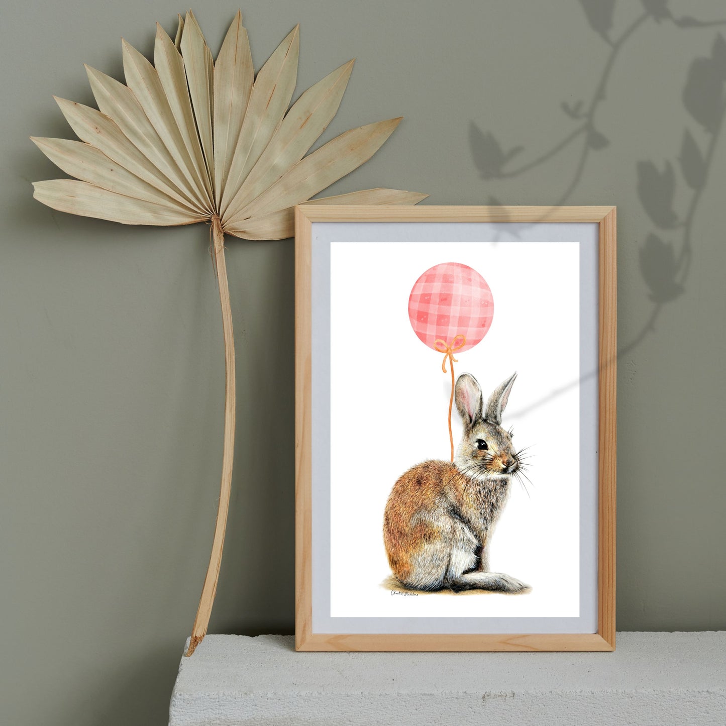 Bunny With Pink Balloon, Woodland nursery art, Giclee print on fine art paper