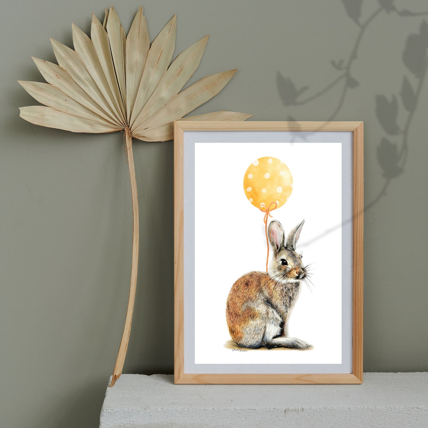 Bunny With Yellow Balloon, Woodland nursery art, Giclee print on fine art paper