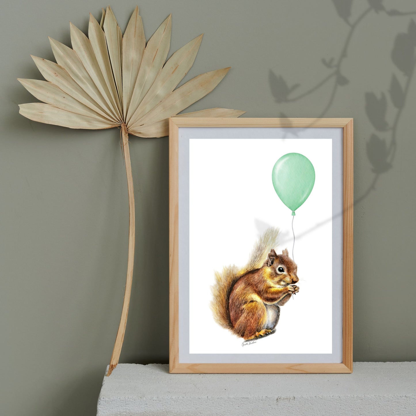 Squirrel With Green Balloon, Woodland nursery art, Art print on cardstock