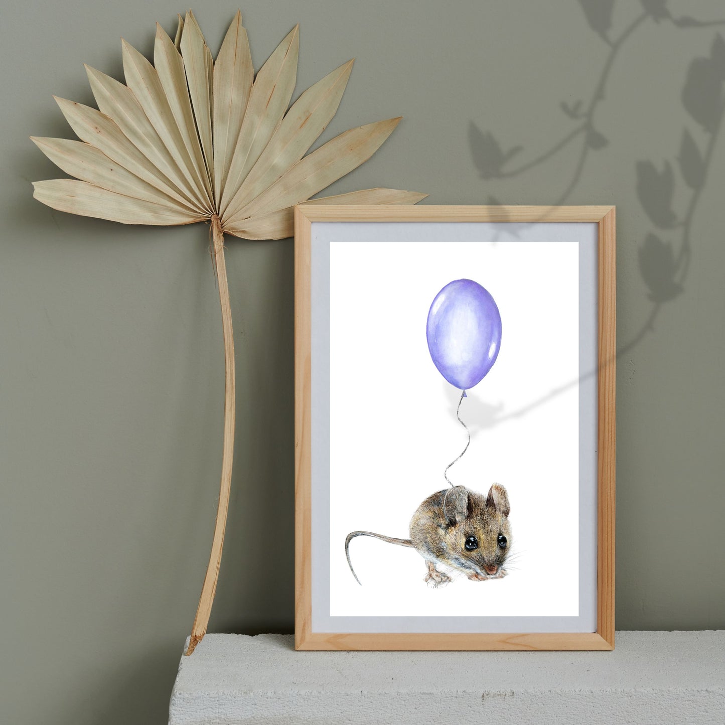 Mouse With Purple Balloon, Woodland nursery art, Giclee print on fine art paper