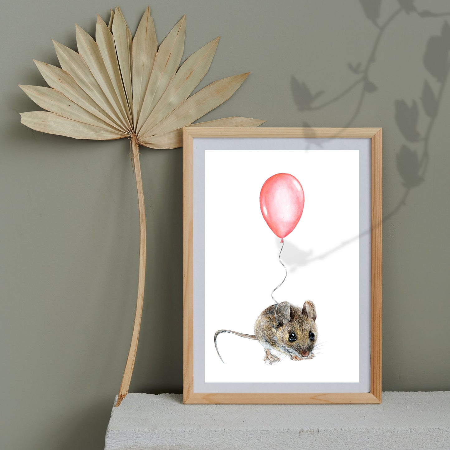 Mouse with Pink Balloon, Woodland nursery art, Art print on cardstock