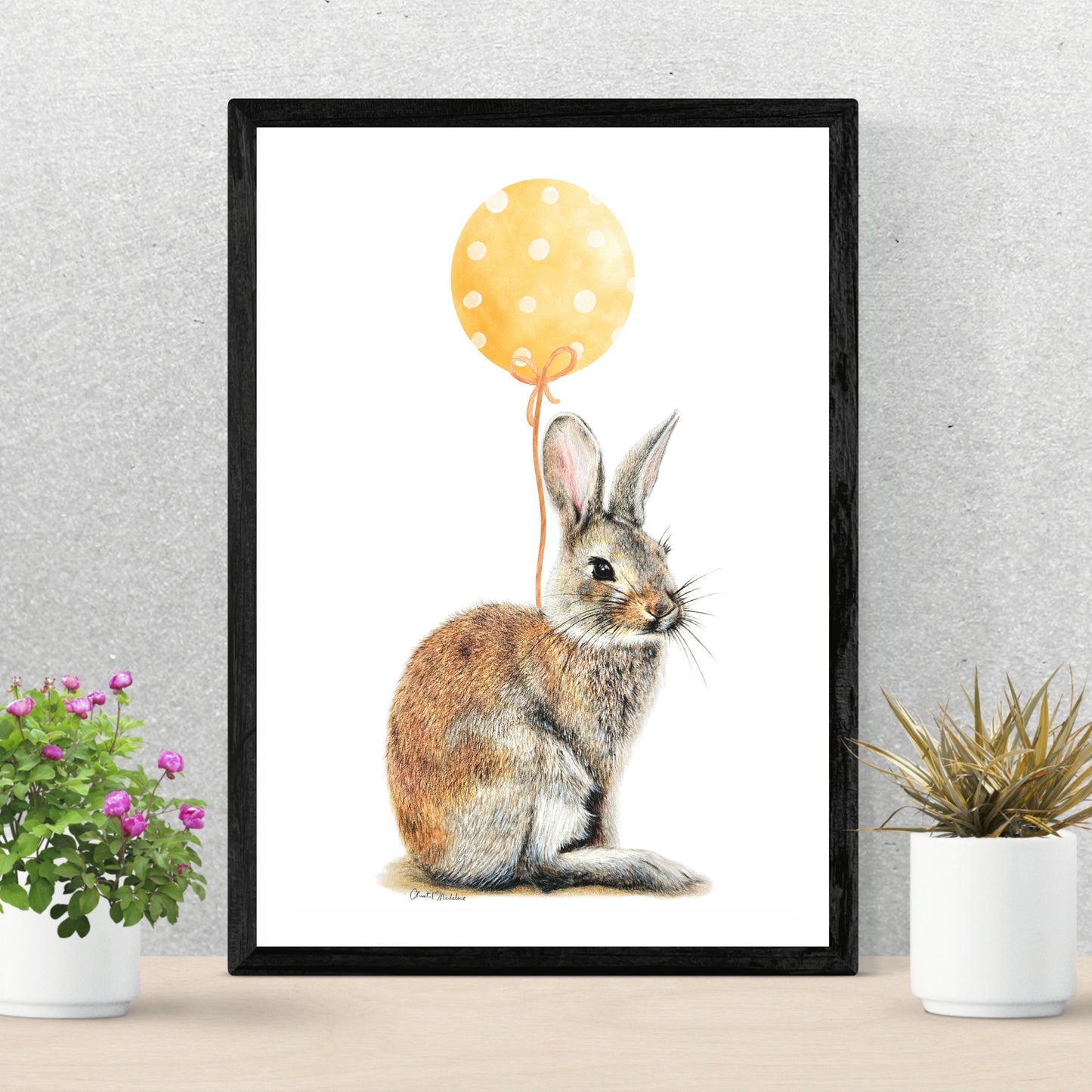 Bunny With Yellow Balloon, Woodland nursery art, Giclee print on fine art paper