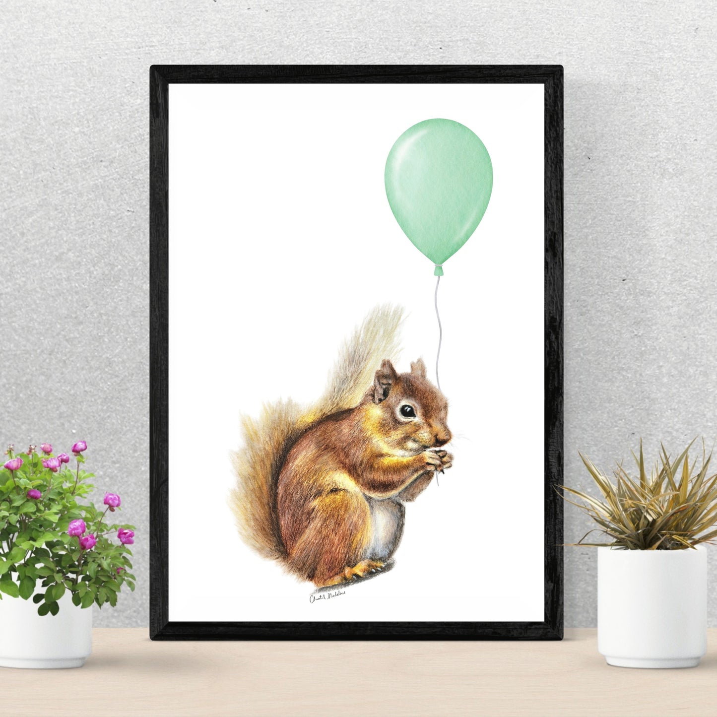 Squirrel With Green Balloon, Woodland nursery art, Art print on cardstock
