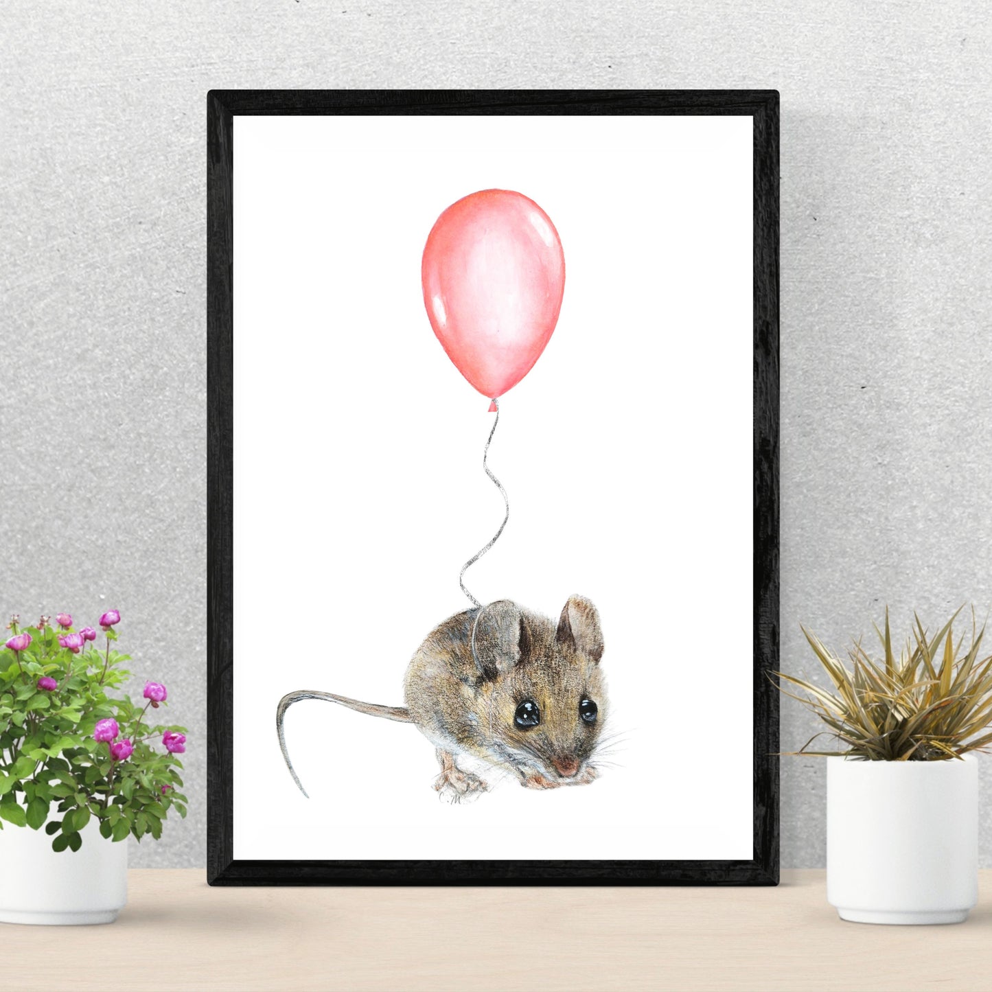 Mouse with Pink Balloon, Woodland nursery art, Art print on cardstock