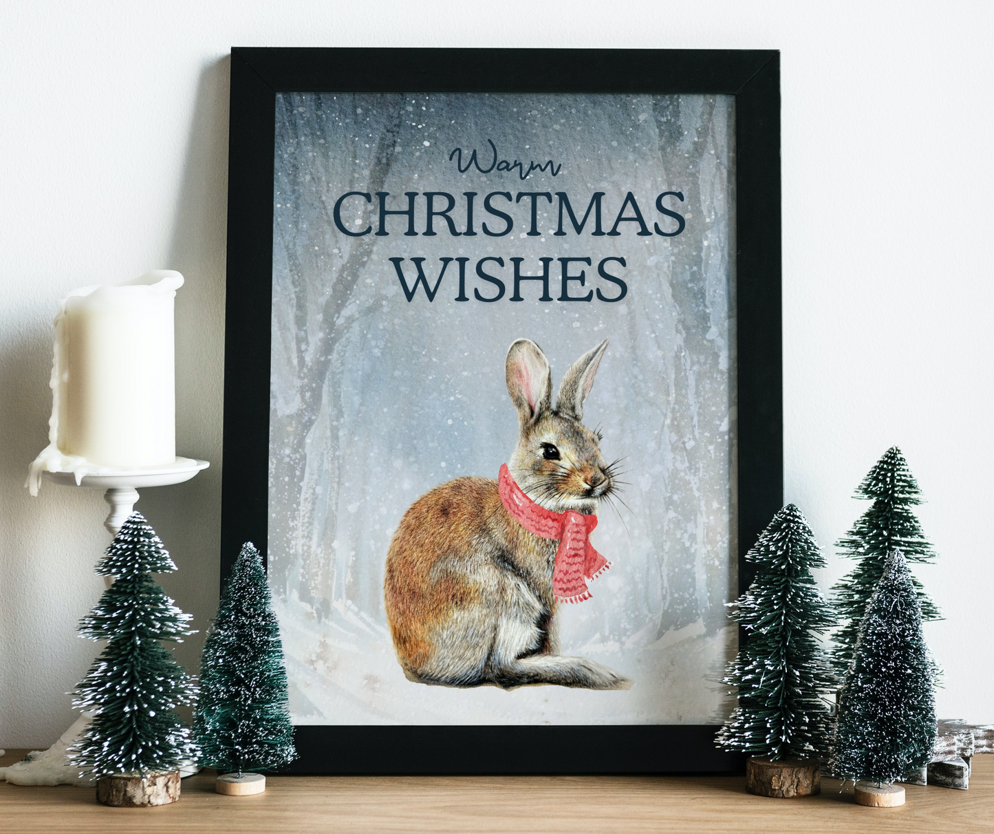 Warm Christmas wishes, Whimsical Bunny Art, Art print on cardstock