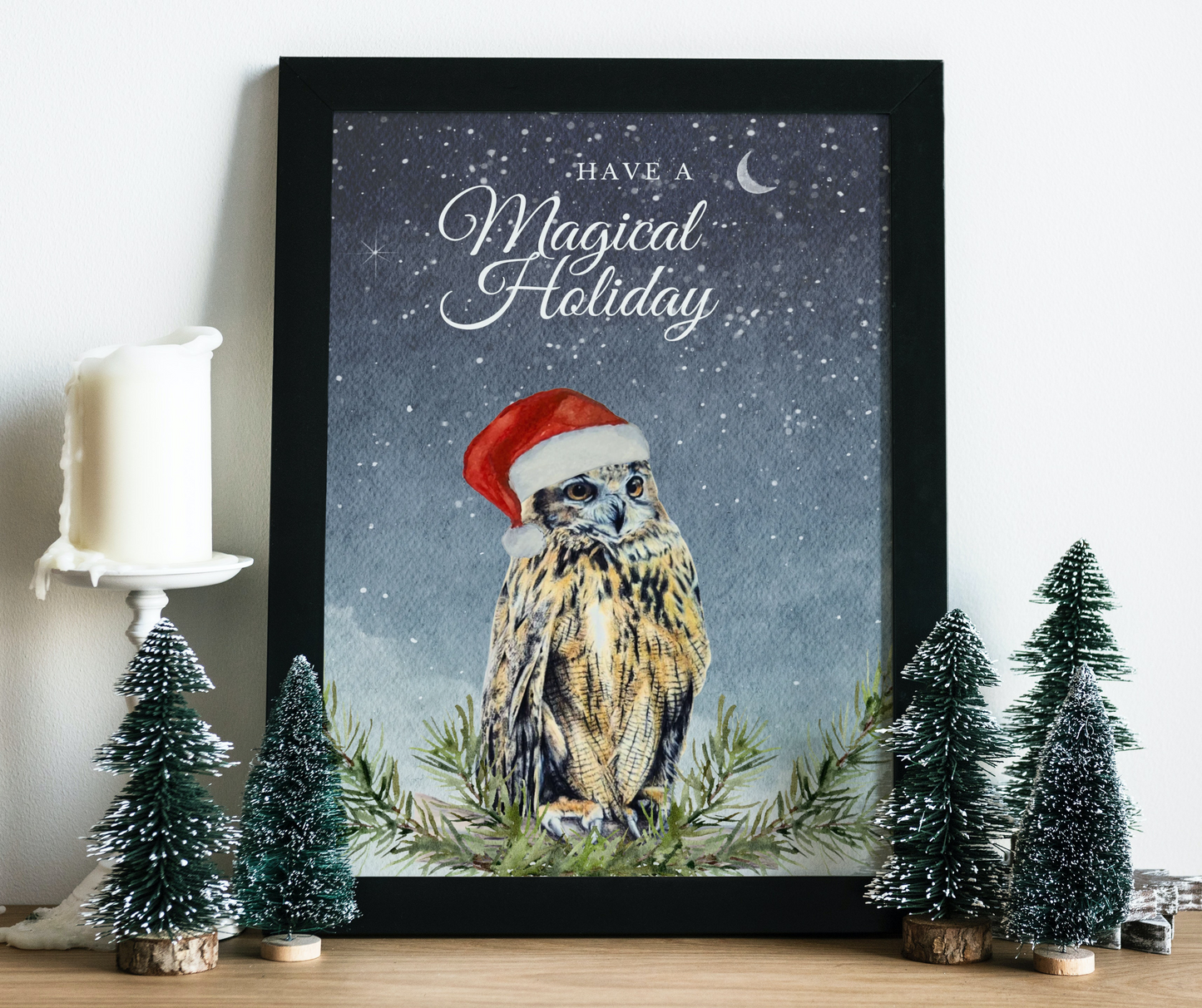 Have a Magical Holiday, Whimsical Owl Art, Art print on cardstock