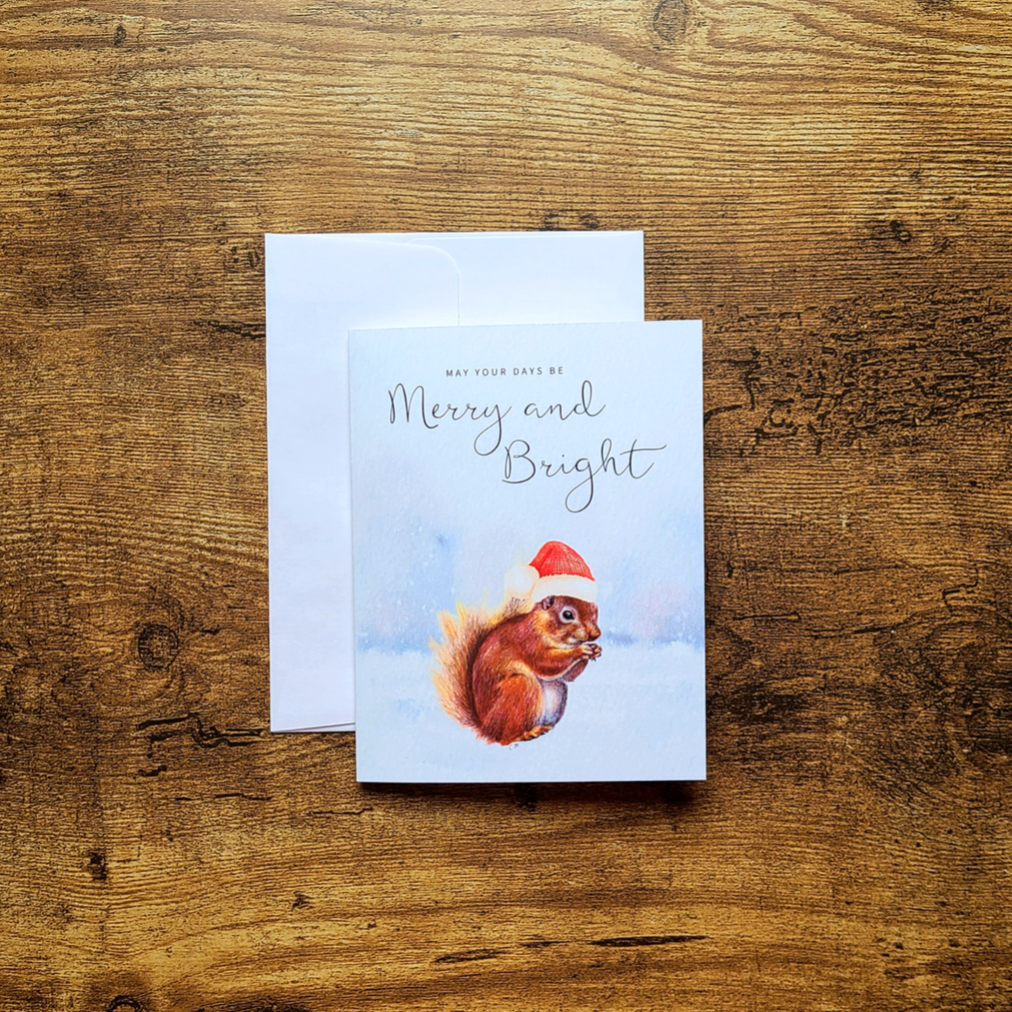 Squirrel Christmas card,Merry and bright card,Santa hat squirrel, Squirrel greeting card, Woodland Christmas card, Cute animal Holiday card,